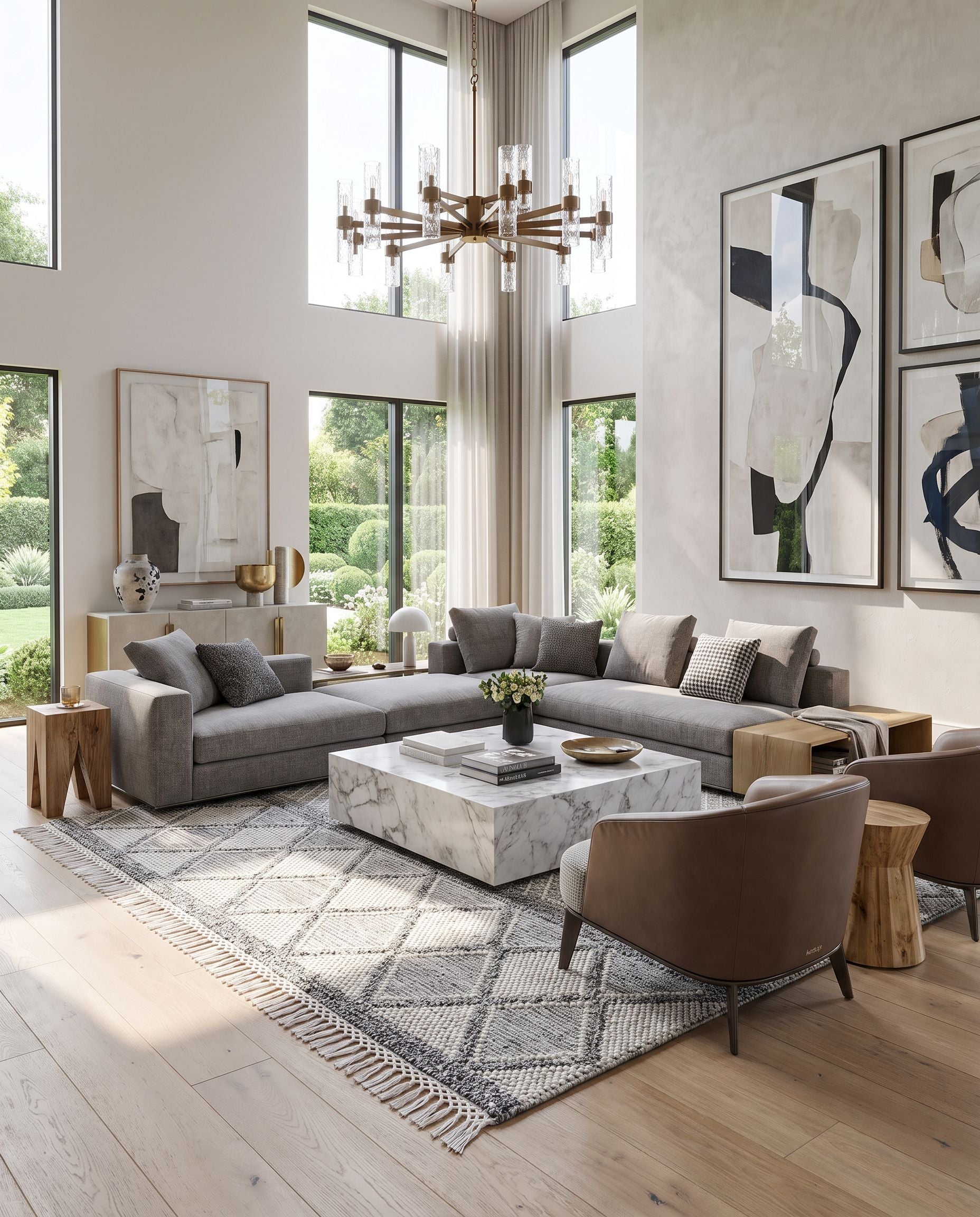 Fleur FLE-2307 Hand Woven Rug as the centerpiece of a bright luxury living room — a hand woven global area rug in white, black and light slate tones
