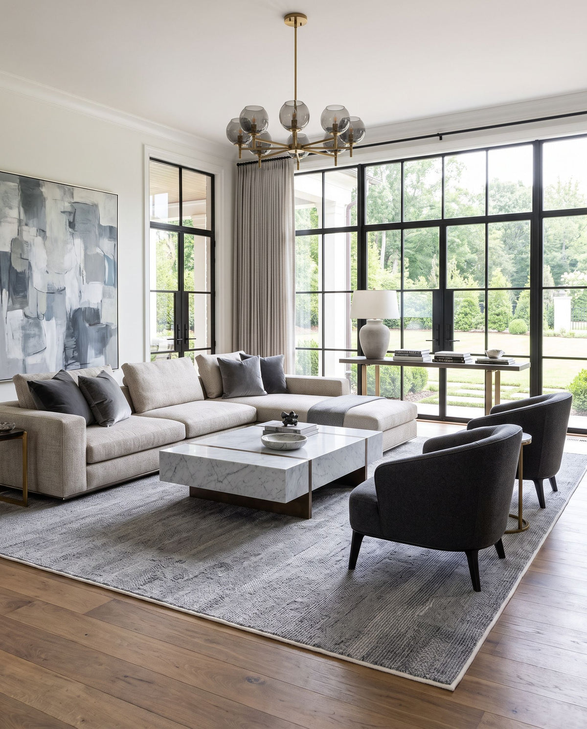 Floria FLI-2301 Hand Woven Rug styled in an elegant designer living room — hand woven modern area rug in off-white and light gray tones