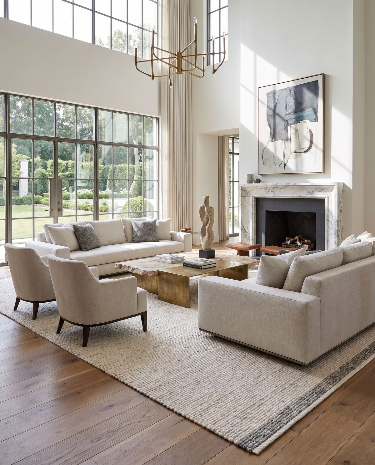 Florentina FLT-2302 Hand Woven Rug as the centerpiece of a bright luxury living room — a hand woven transitional, traditional area rug in charcoal, off white and light slate tones