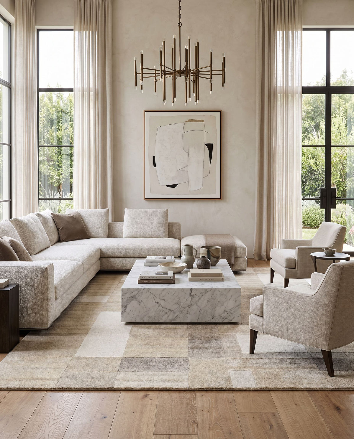 Forum FM-7246 Hand Tufted Rug styled in an elegant designer living room — hand tufted modern area rug in ivory, sandstone, taupe and beige tones
