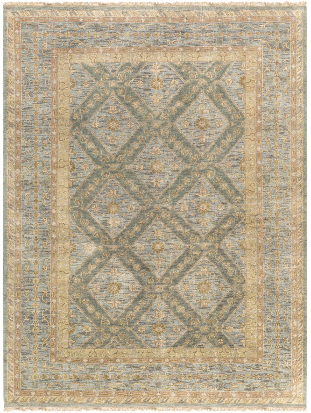 Sage Hand Knotted 100% NZ Wool Traditional Rectangle Handmade rug, Indoor use only, has fringe, non-washable.