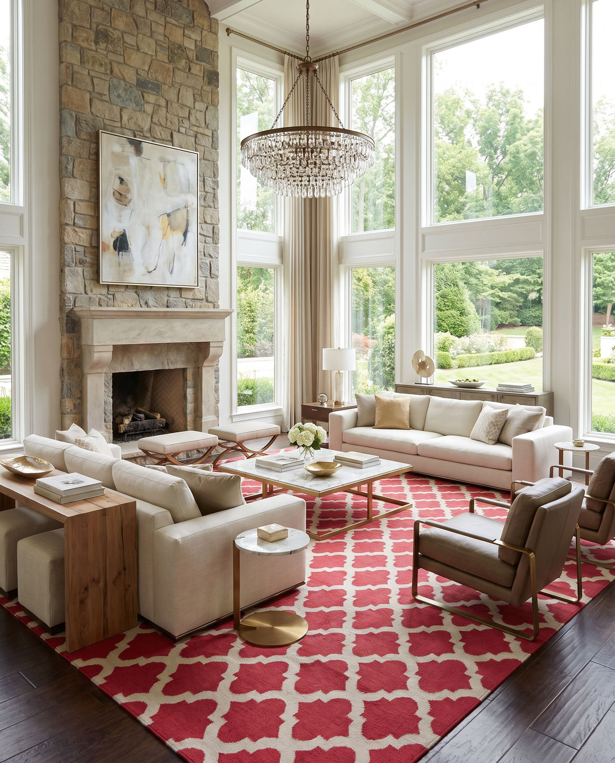 Frontier FT-114 Hand Woven Rug as the centerpiece of a bright luxury living room — a hand woven modern area rug in red and medium gray tones