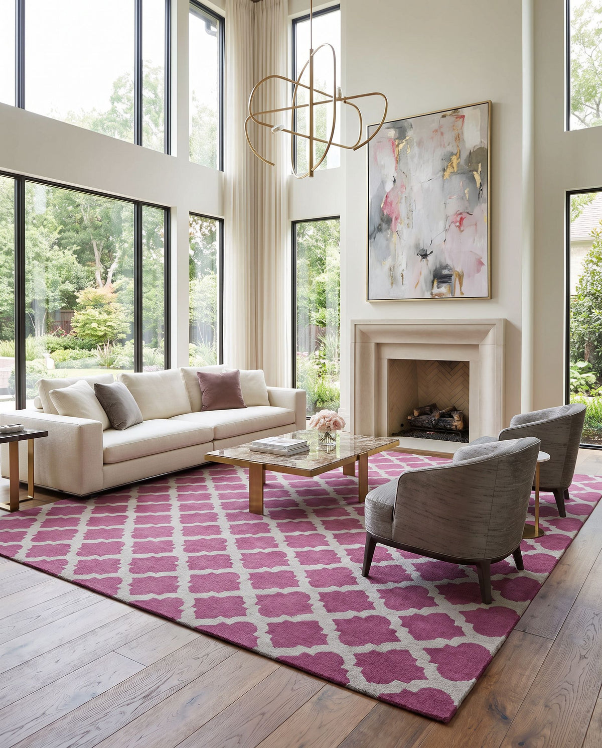 Frontier FT-115 Hand Woven Rug as the centerpiece of a bright luxury living room — a hand woven modern area rug in burgundy and gray tones