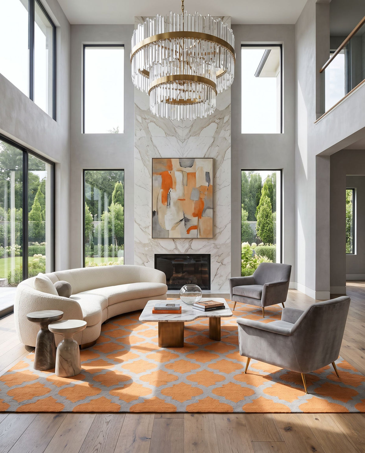 Frontier FT-119 Hand Woven Rug as the centerpiece of a bright luxury living room — a hand woven modern area rug in orange and gray tones