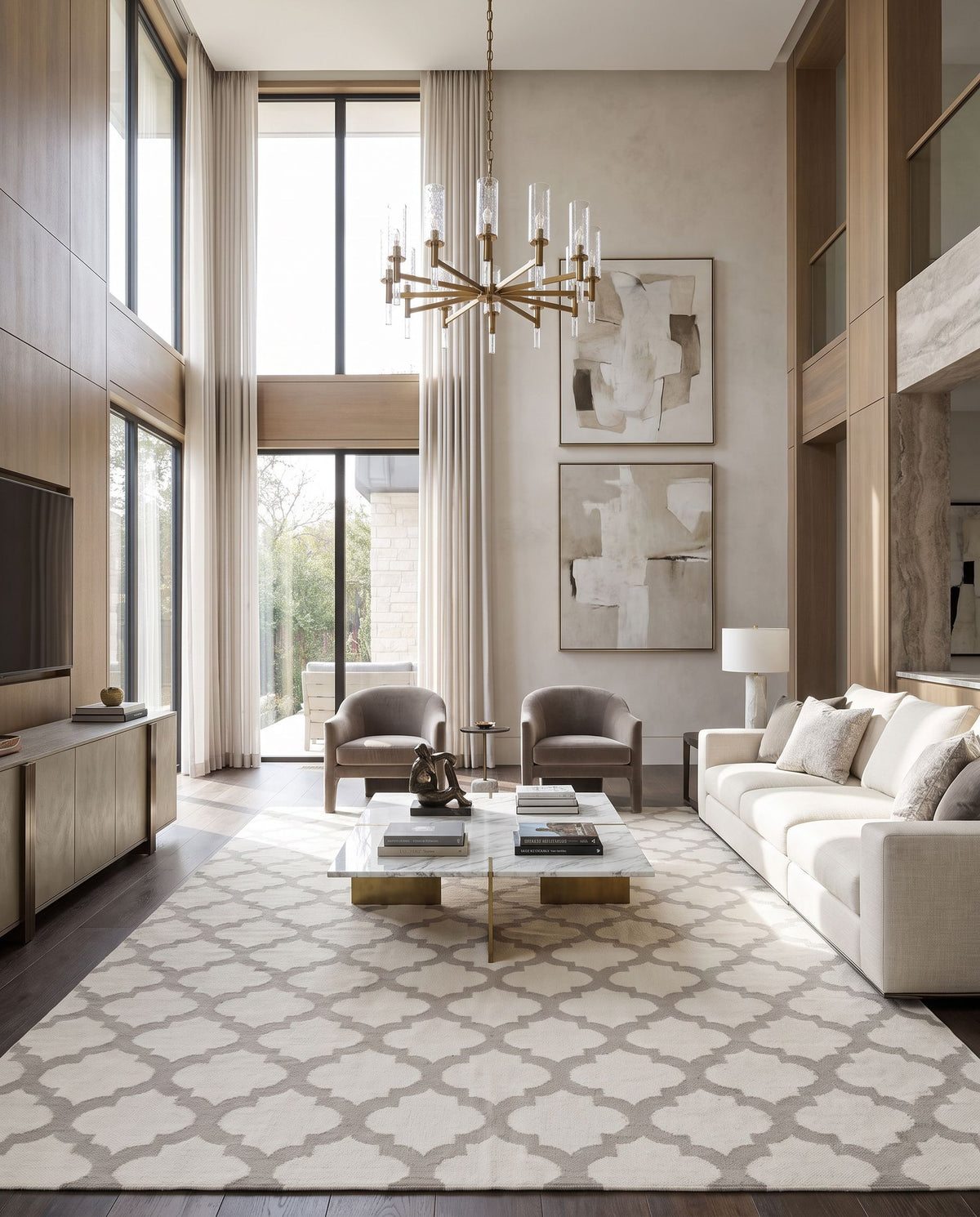 Frontier FT-120 Hand Woven Rug as the centerpiece of a bright luxury living room — a hand woven modern area rug in ivory and medium gray tones