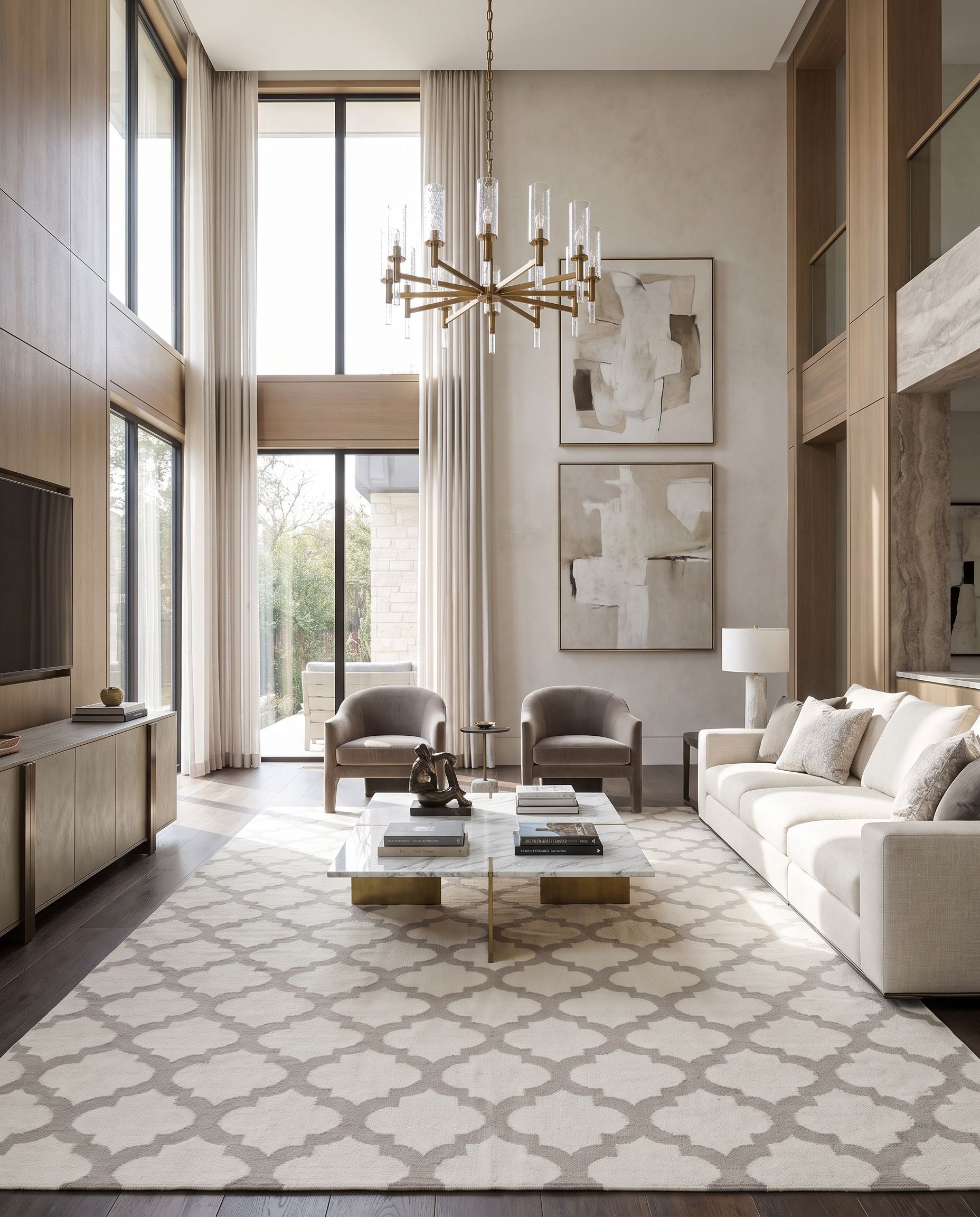 Frontier FT-120 Hand Woven Rug as the centerpiece of a bright luxury living room — a hand woven modern area rug in ivory and medium gray tones