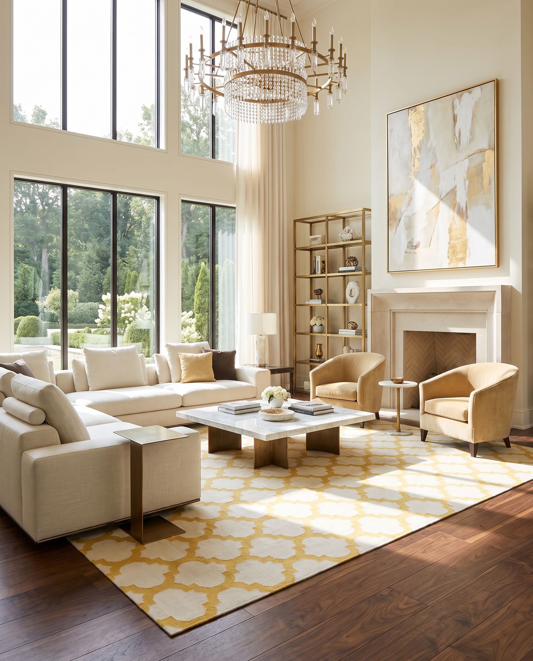 Frontier FT-121 Hand Woven Rug as the centerpiece of a bright luxury living room — a hand woven modern area rug in light beige and mustard tones