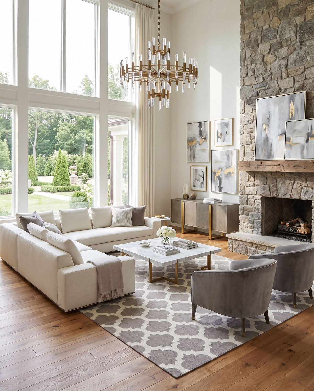 Frontier FT-122 Hand Woven Rug as the centerpiece of a bright luxury living room — a hand woven modern area rug in gray and light beige tones