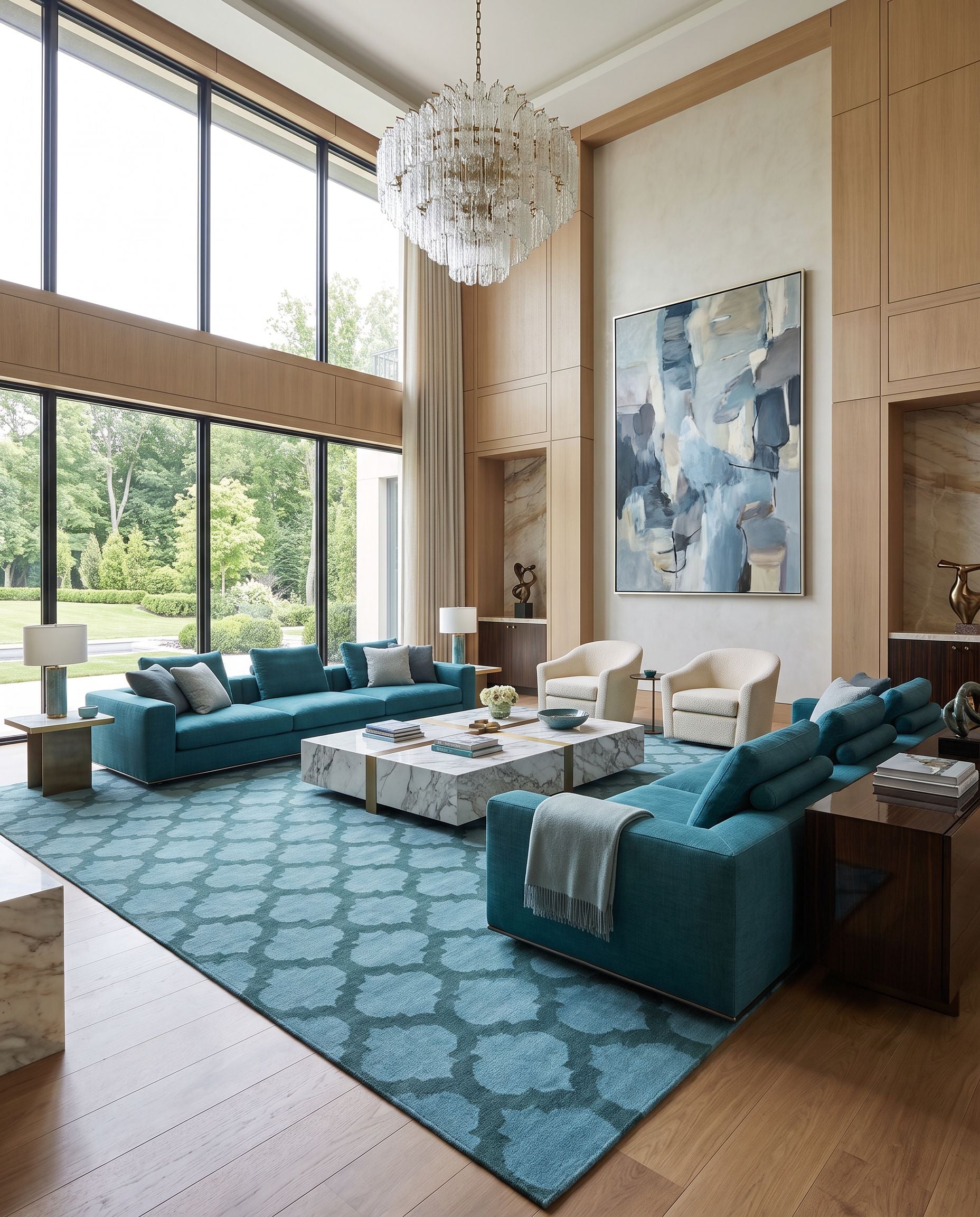 Frontier FT-123 Hand Woven Rug as the centerpiece of a bright luxury living room — a hand woven modern area rug in teal and dark green tones