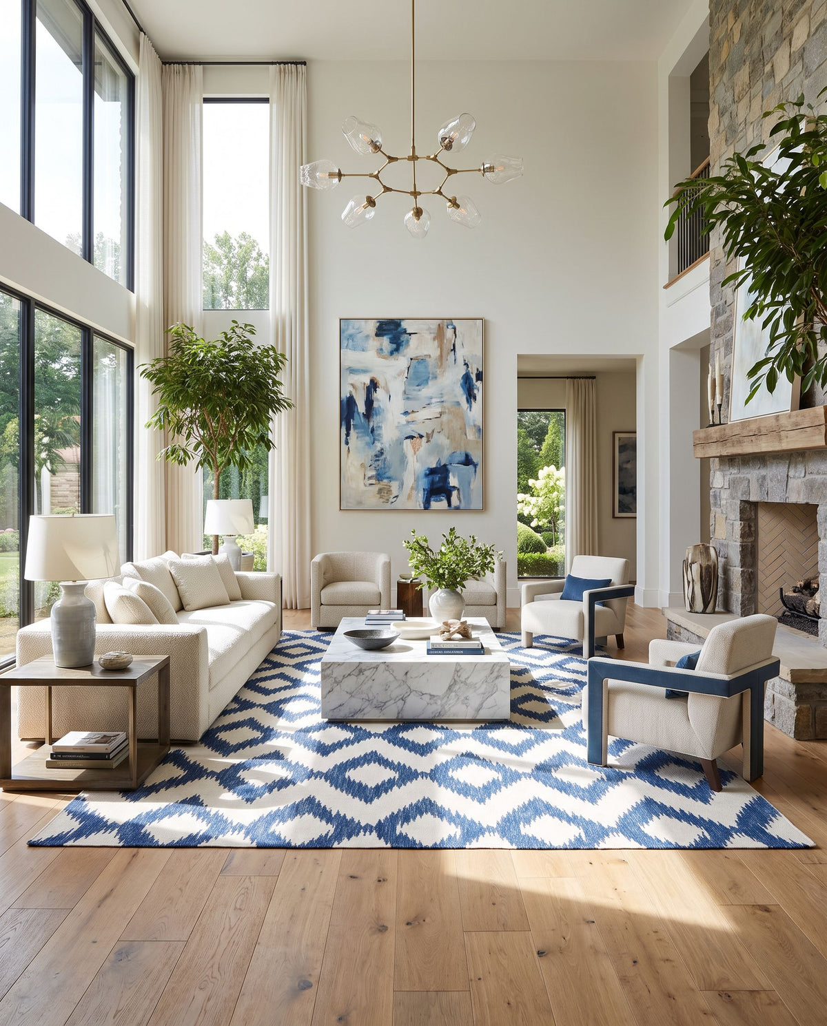 Frontier FT-165 Hand Woven Rug as the centerpiece of a bright luxury living room — a hand woven modern area rug in navy and cream tones