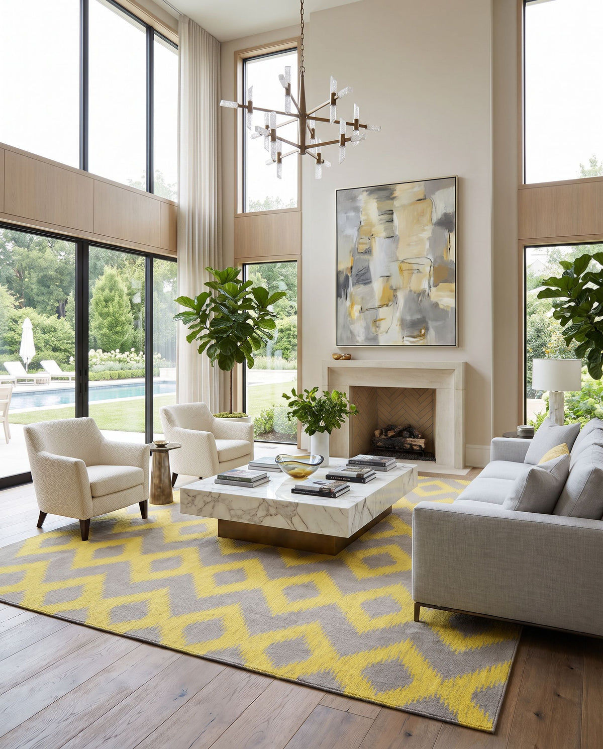 Frontier FT-166 Hand Woven Rug as the centerpiece of a bright luxury living room — a hand woven modern area rug in brown and yellow tones