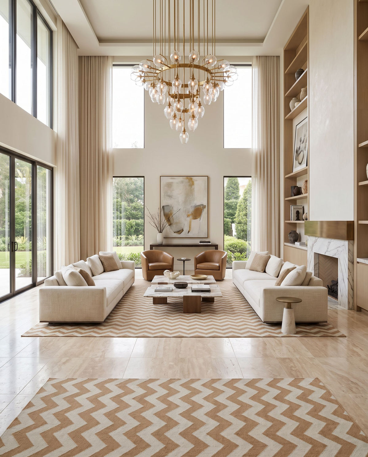 Frontier FT-237 Hand Woven Rug as the centerpiece of a bright luxury living room — a hand woven modern area rug in brown and sage tones
