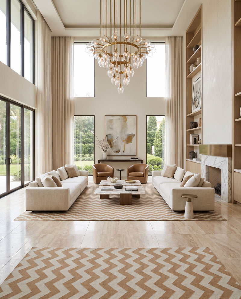 Frontier FT-237 Hand Woven Rug as the centerpiece of a bright luxury living room — a hand woven modern area rug in brown and sage tones