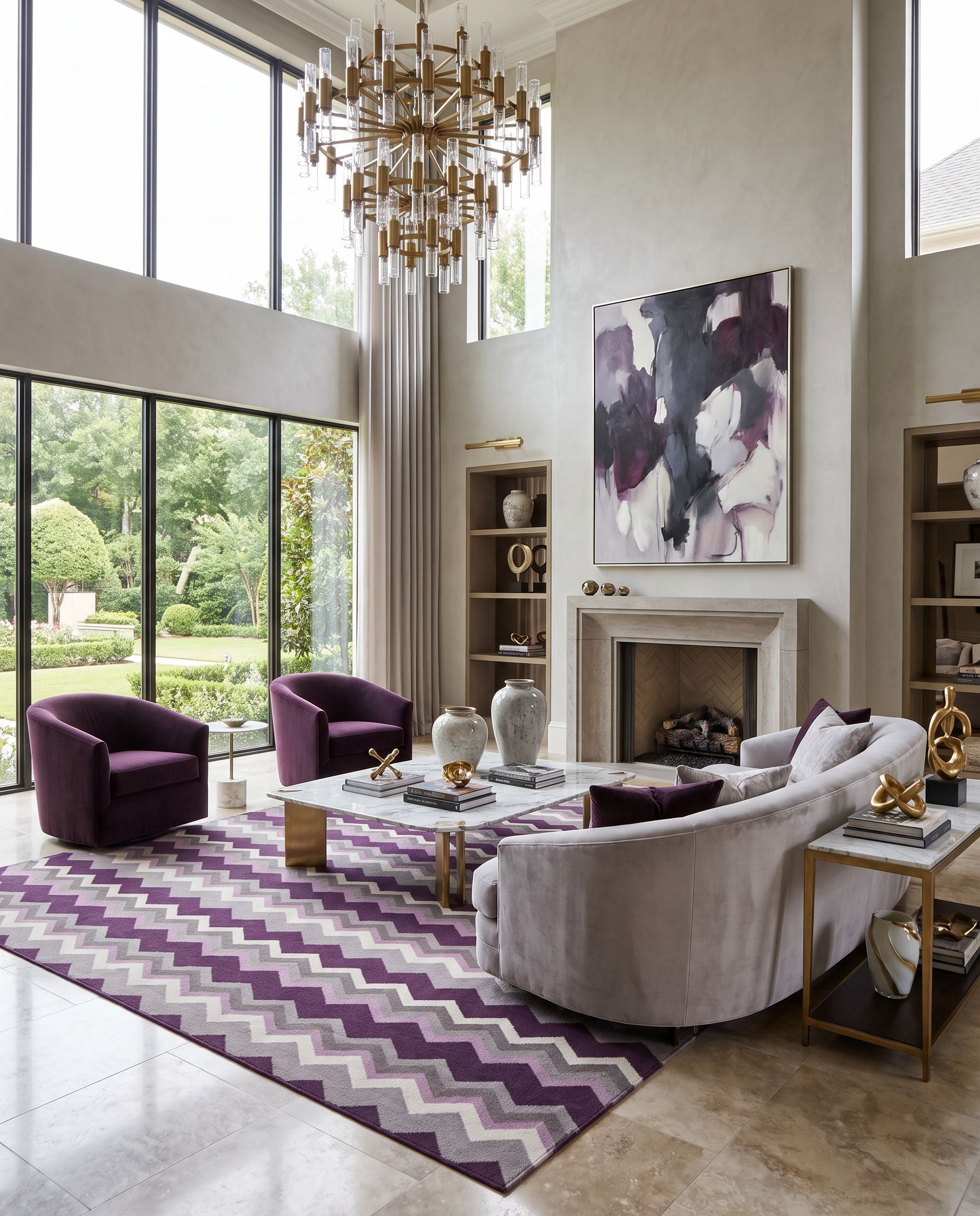 Frontier FT-268 Hand Woven Rug as the centerpiece of a bright luxury living room — a hand woven modern area rug in ivory, dark brown, gray and mauve tones