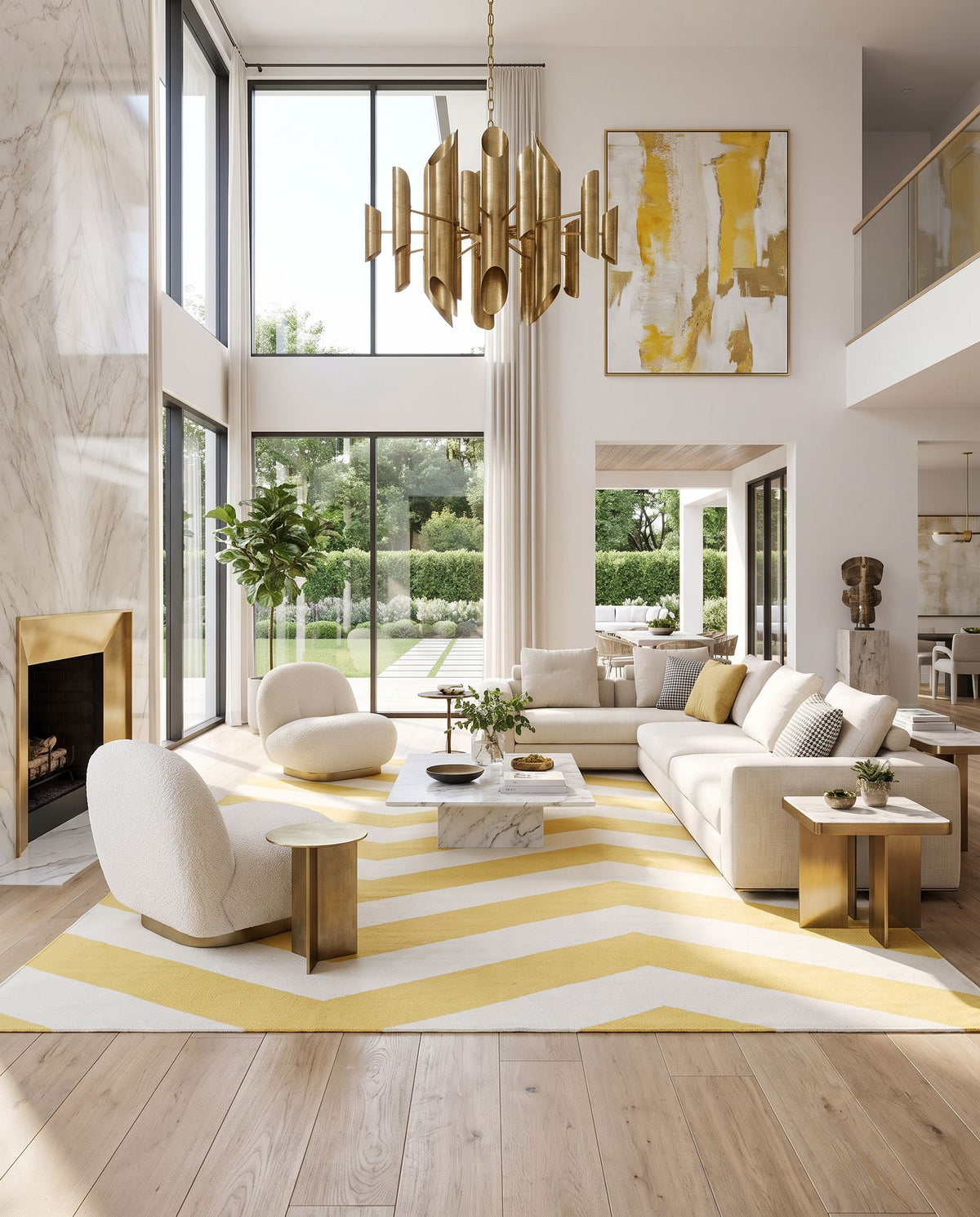 Frontier FT-278 Hand Woven Rug as the centerpiece of a bright luxury living room — a hand woven modern area rug in white and yellow tones
