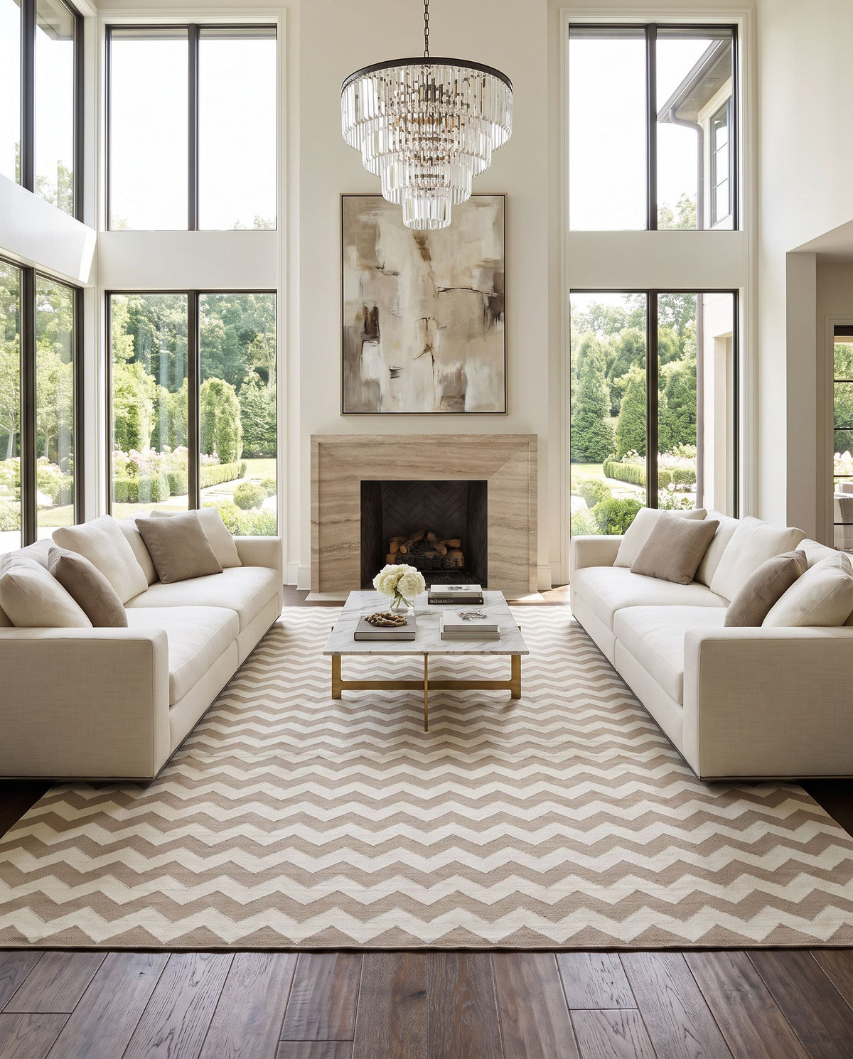 Frontier FT-289 Hand Woven Rug as the centerpiece of a bright luxury living room — a hand woven modern area rug in cream and medium gray tones