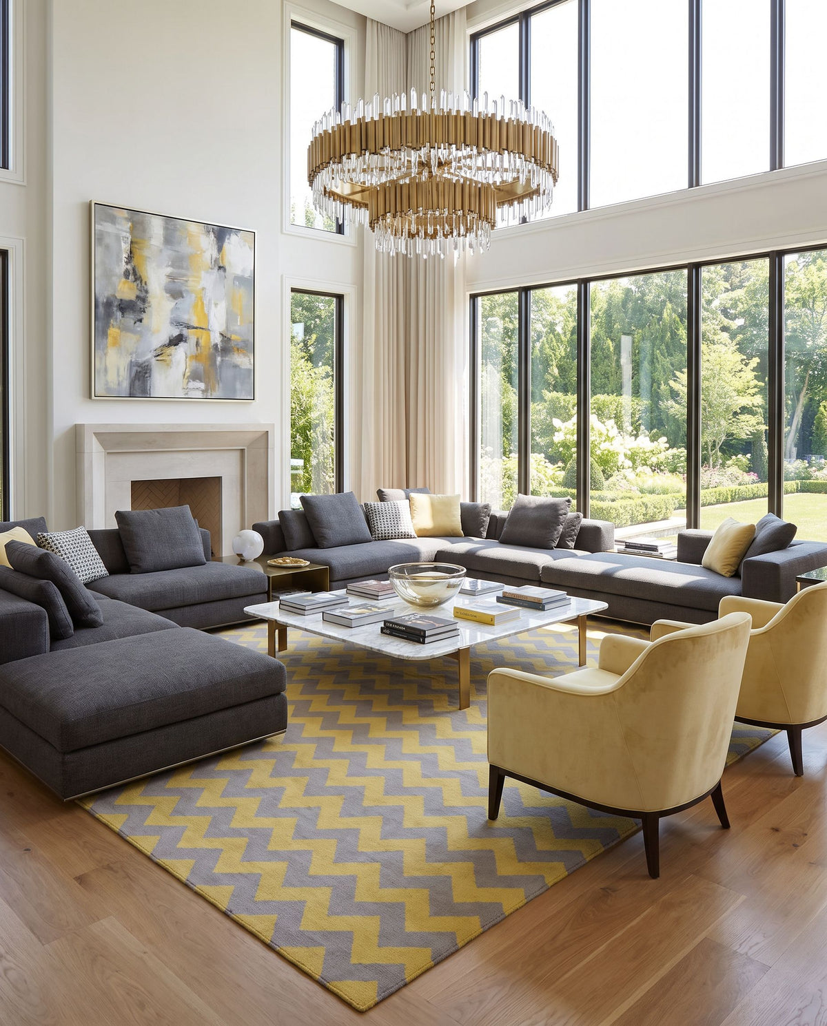 Frontier FT-290 Hand Woven Rug as the centerpiece of a bright luxury living room — a hand woven modern area rug in mustard and gray tones