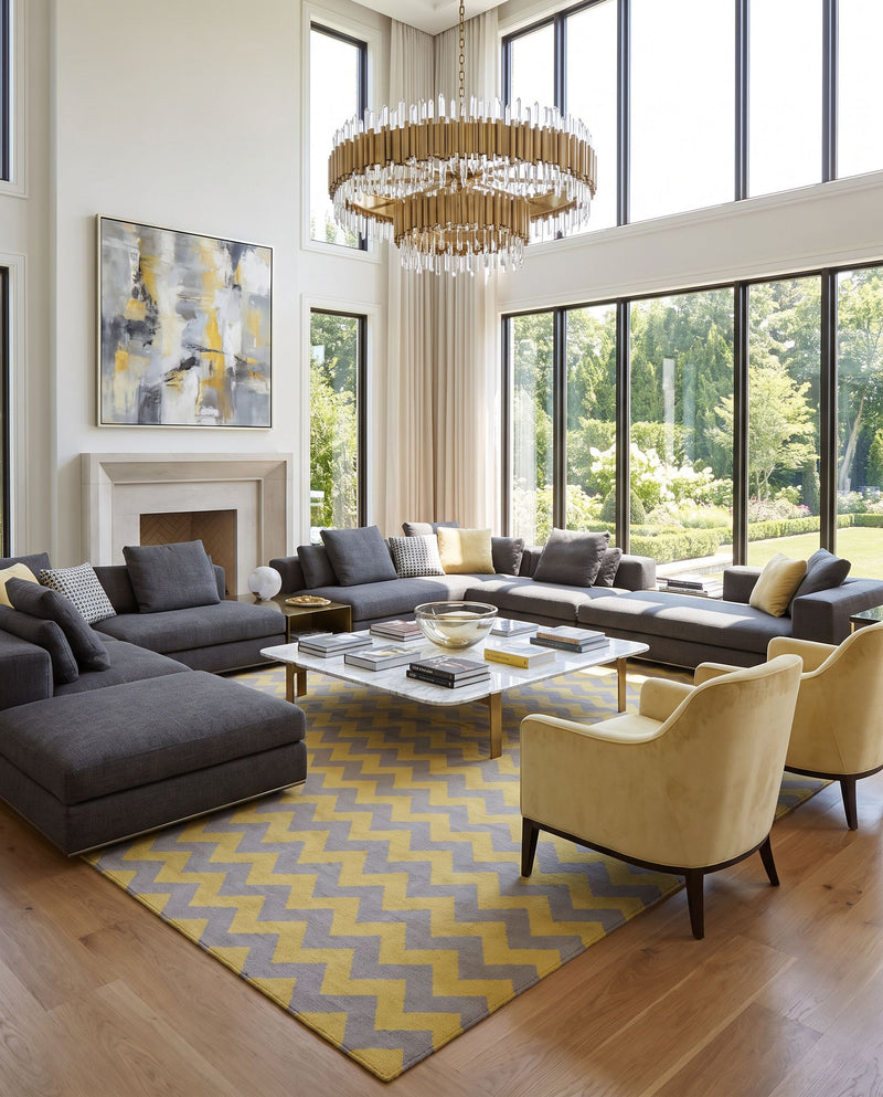 Frontier FT-290 Hand Woven Rug as the centerpiece of a bright luxury living room — a hand woven modern area rug in mustard and gray tones