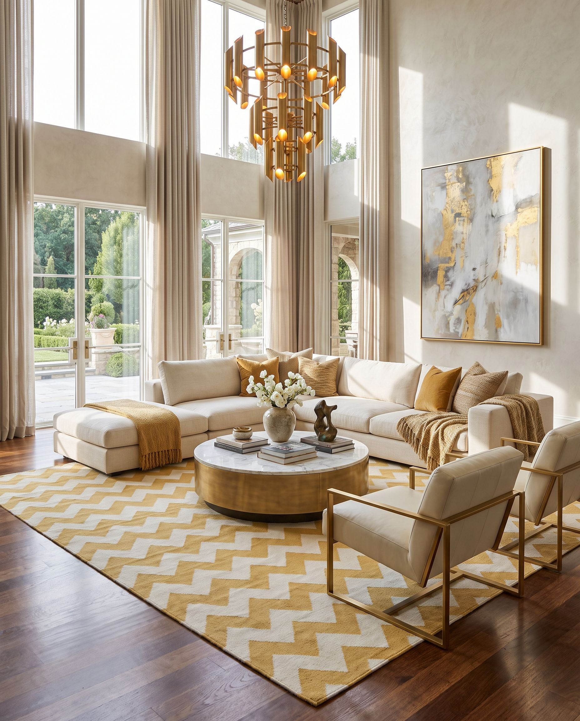 Frontier FT-291 Hand Woven Rug as the centerpiece of a bright luxury living room — a hand woven modern area rug in cream and mustard tones