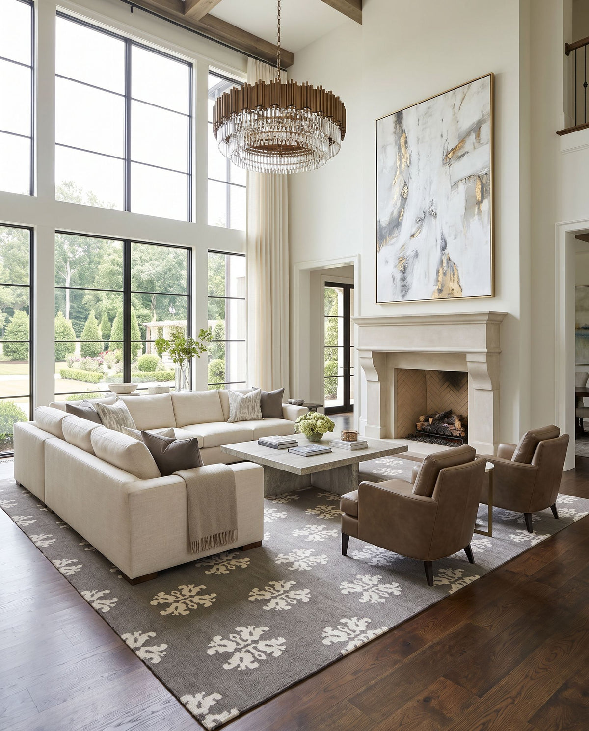 Frontier FT-360 Hand Woven Rug as the centerpiece of a bright luxury living room — a hand woven modern area rug in cream and charcoal tones