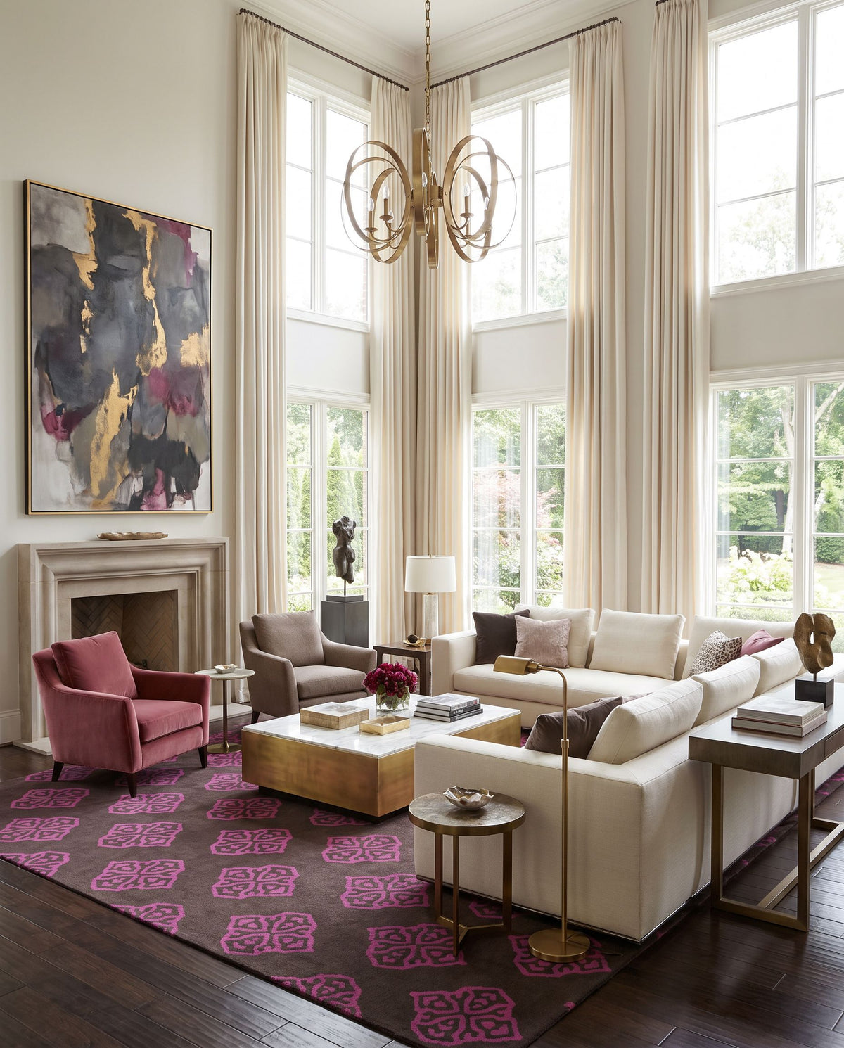 Frontier FT-365 Hand Woven Rug as the centerpiece of a bright luxury living room — a hand woven modern area rug in medium purple and dark brown tones