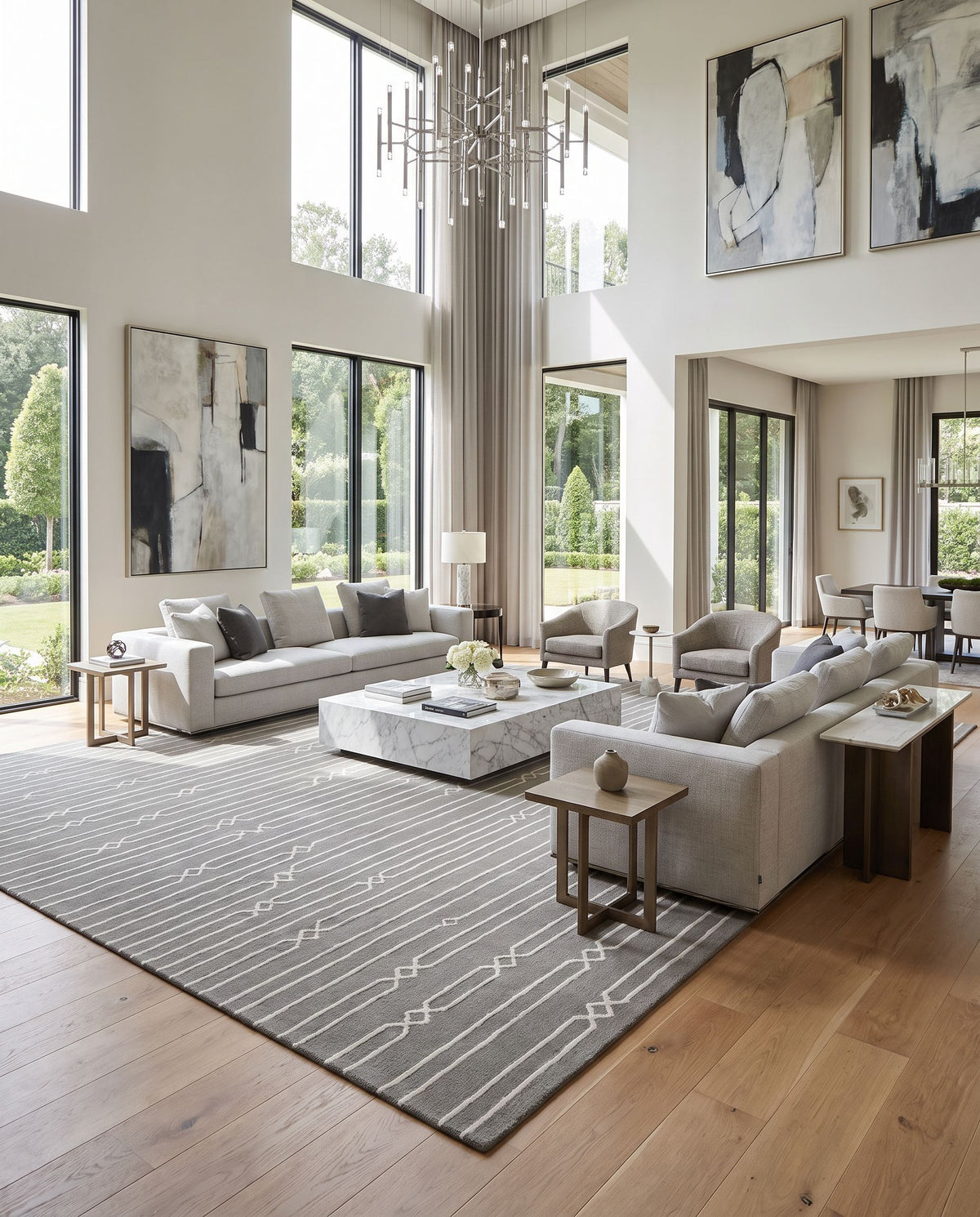 Frontier FT-367 Hand Woven Rug as the centerpiece of a bright luxury living room — a hand woven cottage area rug in beige and charcoal tones