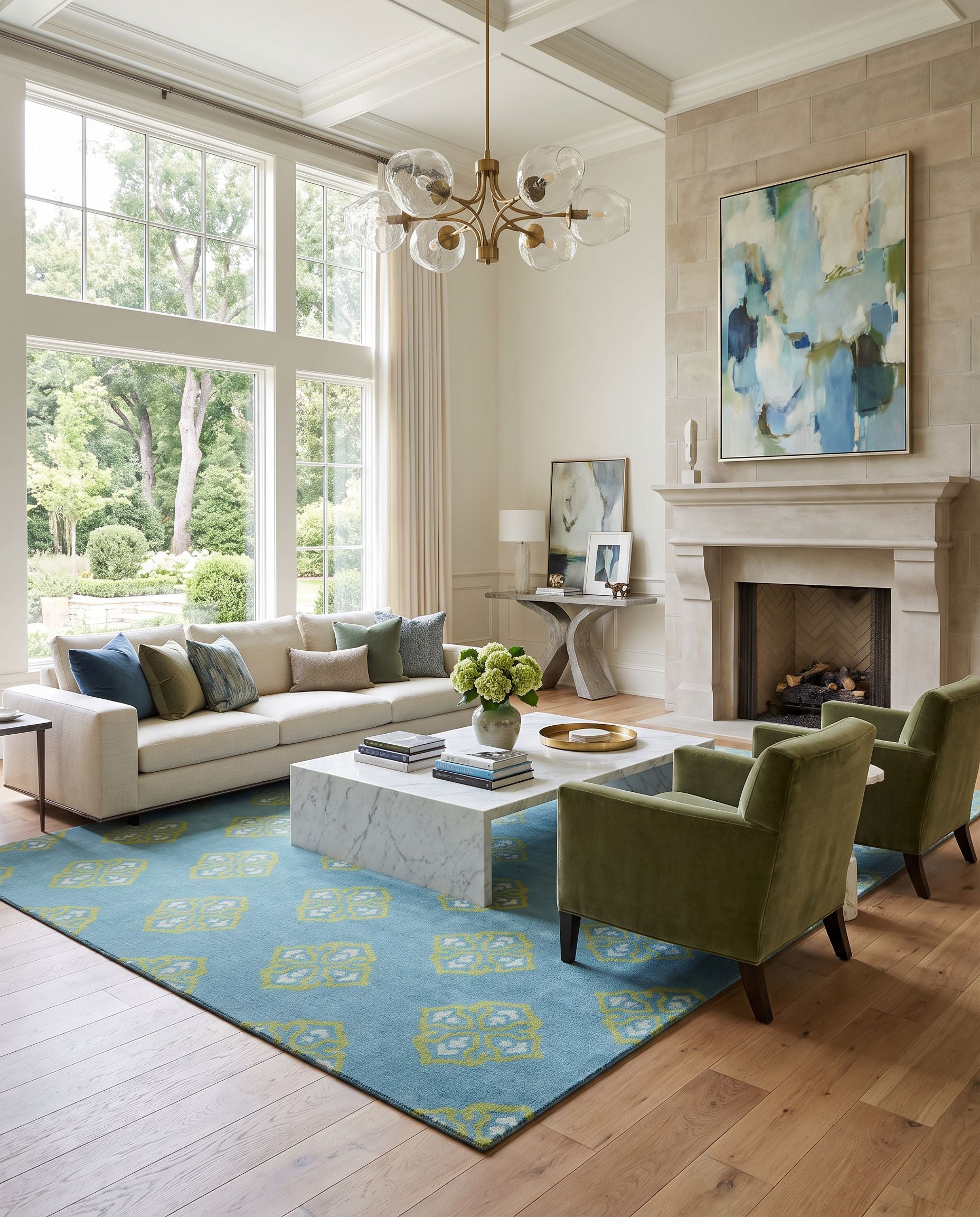 Frontier FT-371 Hand Woven Rug as the centerpiece of a bright luxury living room — a hand woven modern area rug in teal, green and ice blue tones