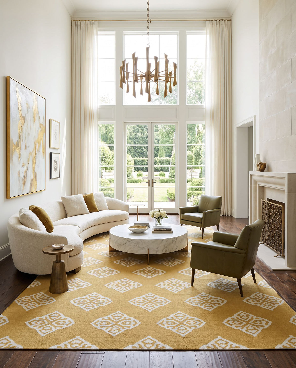 Frontier FT-376 Hand Woven Rug as the centerpiece of a bright luxury living room — a hand woven modern area rug in mustard and off-white tones
