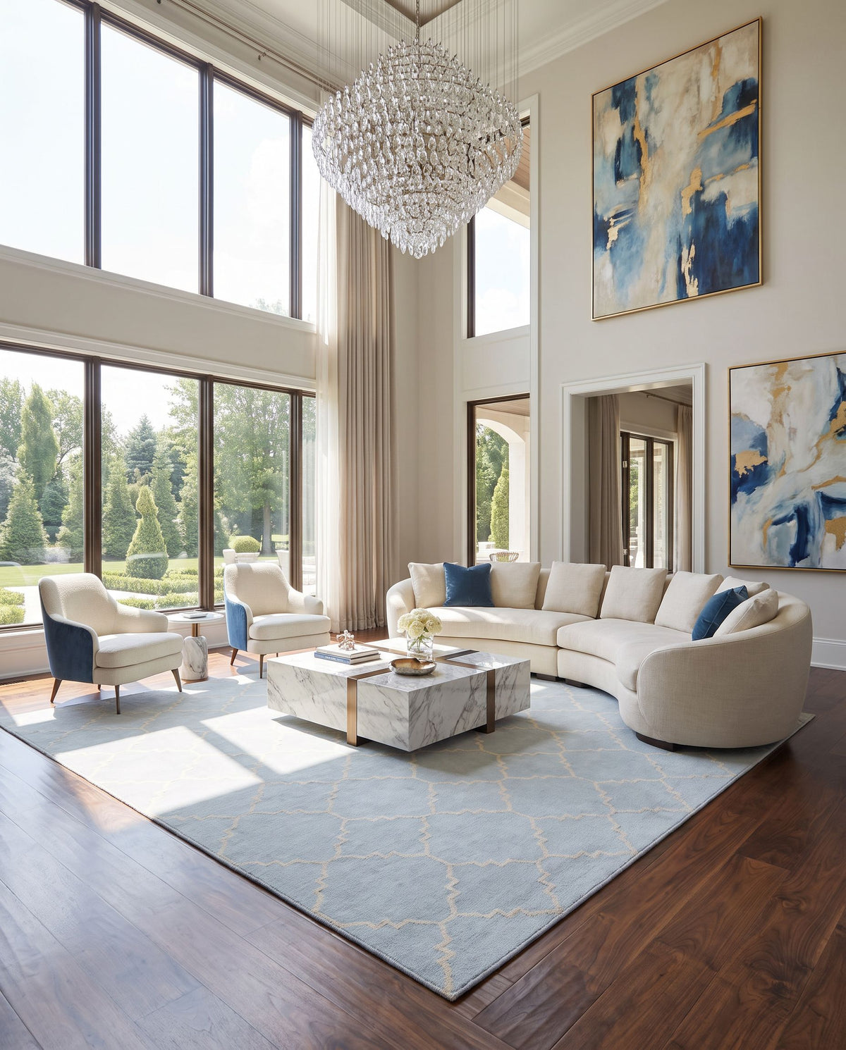 Frontier FT-40 Hand Woven Rug as the centerpiece of a bright luxury living room — a hand woven modern area rug in pale blue and tan tones