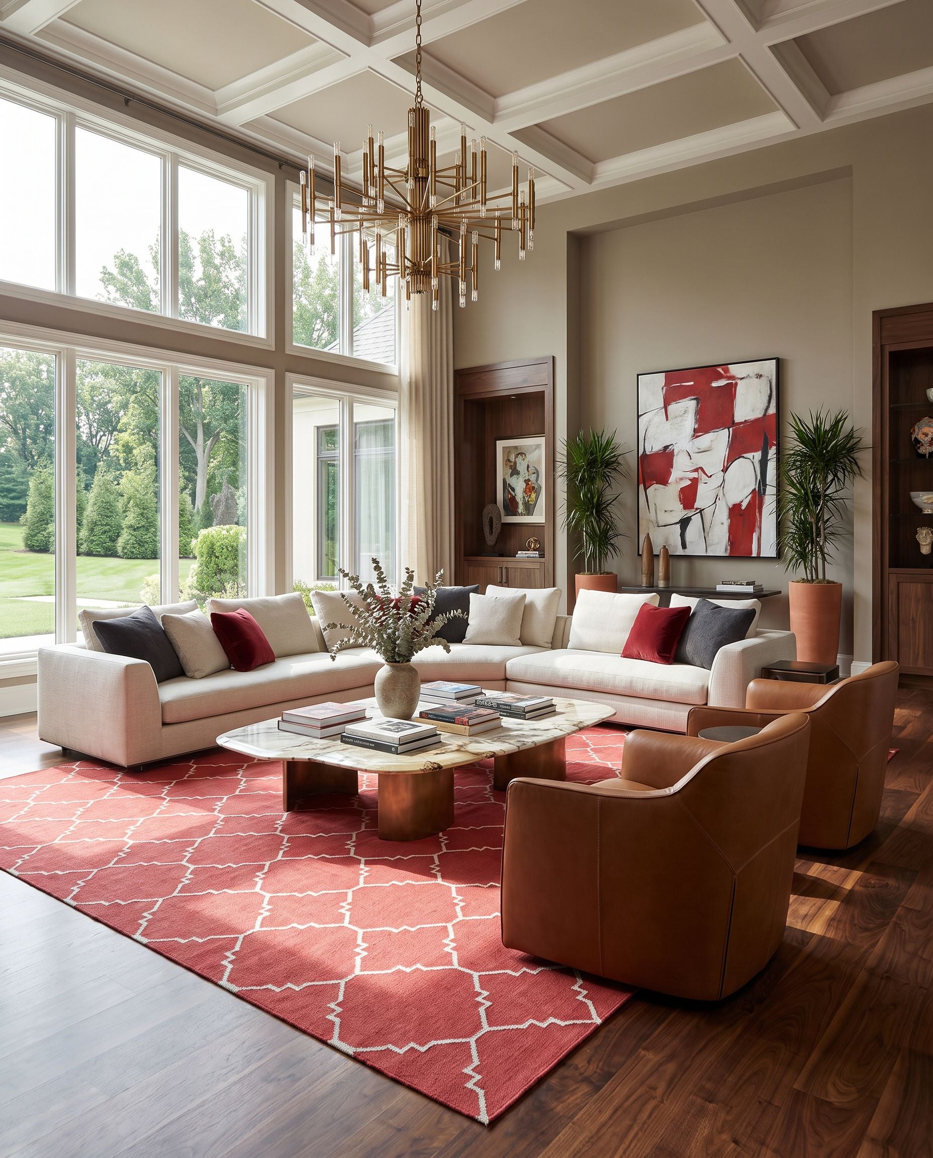 Frontier FT-41 Hand Woven Rug as the centerpiece of a bright luxury living room — a hand woven modern area rug in red and oatmeal tones
