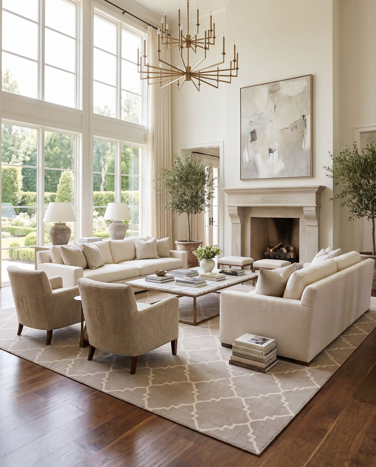 Frontier FT-42 Hand Woven Rug as the centerpiece of a bright luxury living room — a hand woven modern area rug in brown and taupe tones