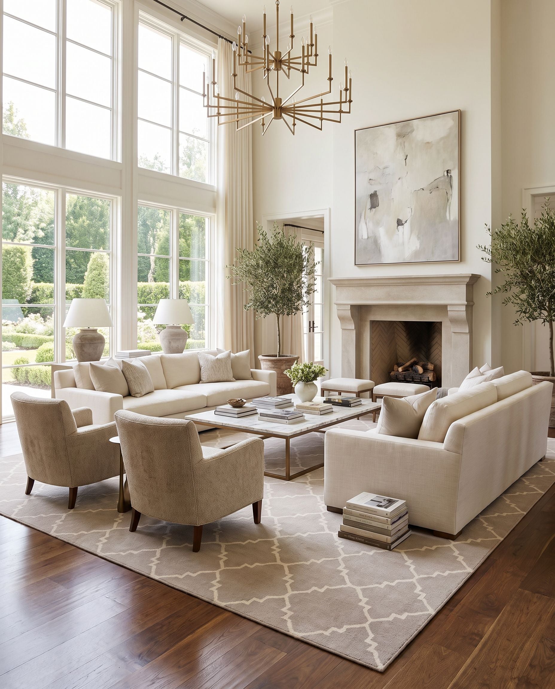 Frontier FT-42 Hand Woven Rug as the centerpiece of a bright luxury living room — a hand woven modern area rug in brown and taupe tones