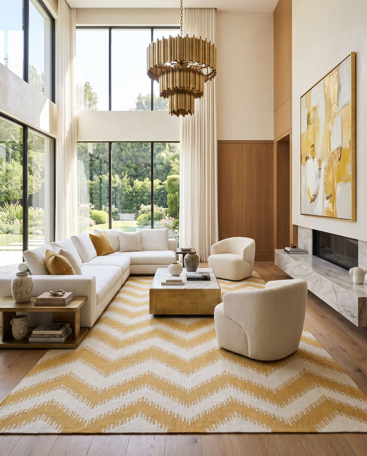 Frontier FT-518 Hand Woven Rug as the centerpiece of a bright luxury living room — a hand woven modern area rug in mustard and light beige tones