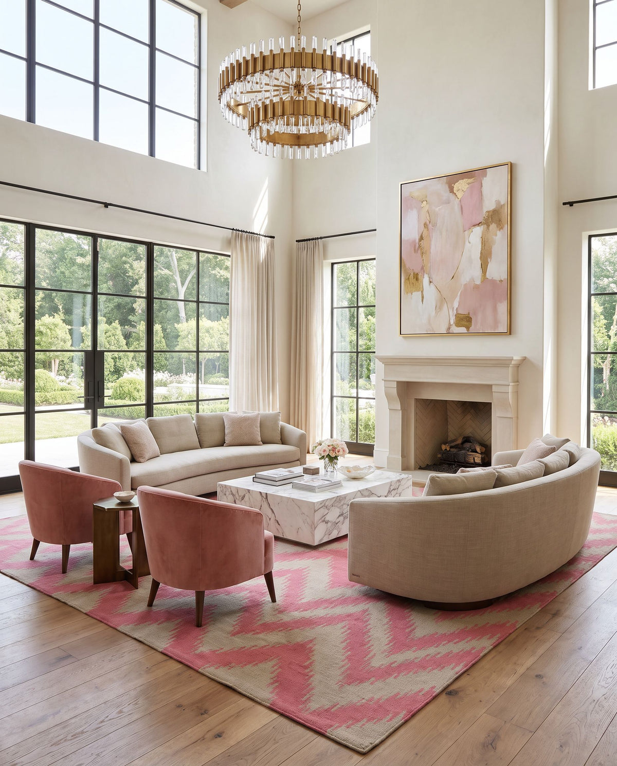 Frontier FT-519 Hand Woven Rug as the centerpiece of a bright luxury living room — a hand woven modern area rug in orange and brown tones