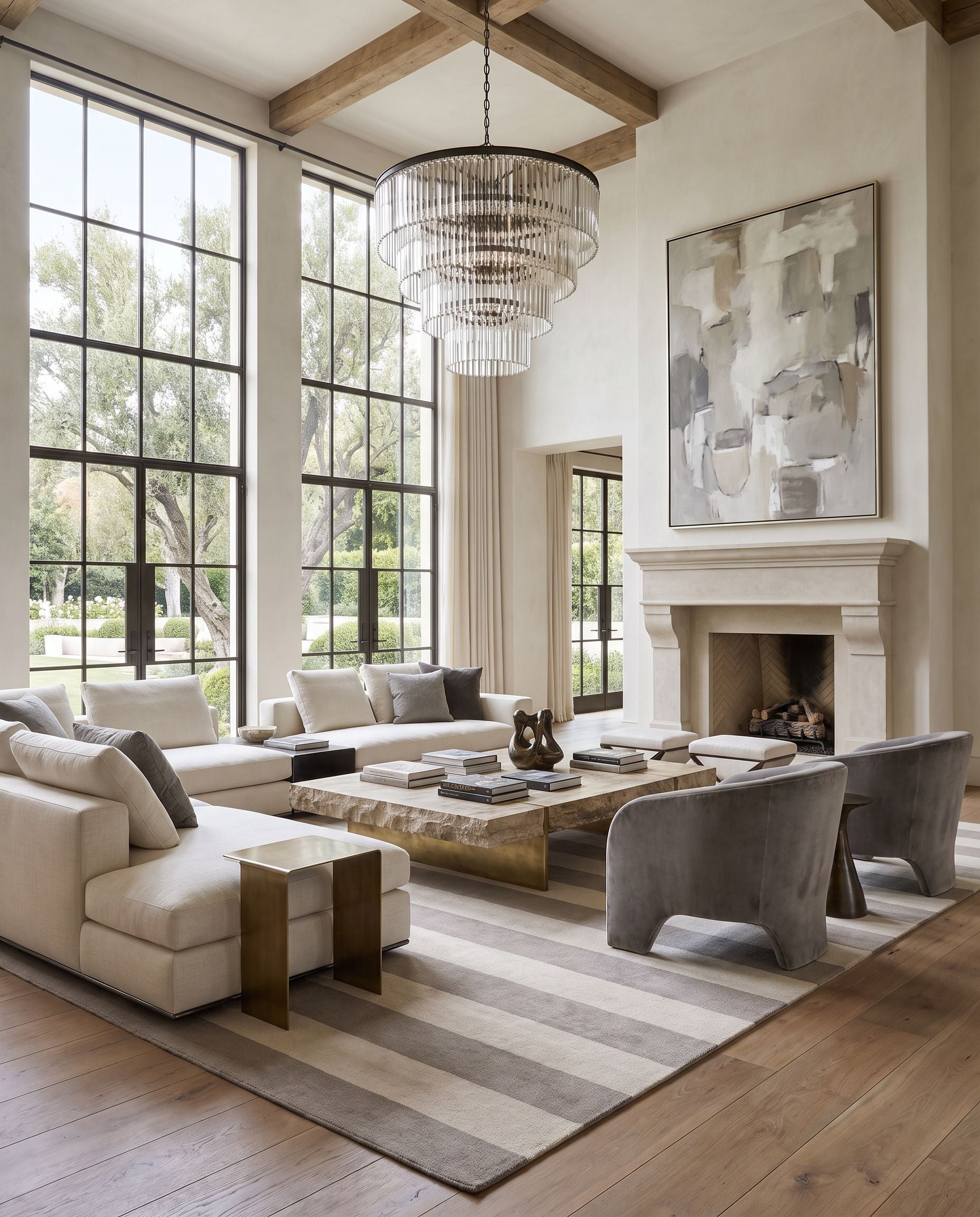Frontier FT-51 Hand Woven Rug as the centerpiece of a bright luxury living room — a hand woven cottage area rug in gray and beige tones