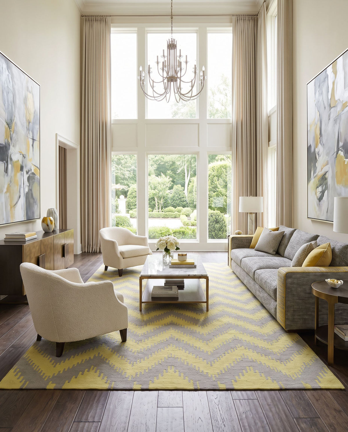 Frontier FT-520 Hand Woven Rug as the centerpiece of a bright luxury living room — a hand woven modern area rug in light olive and gray tones