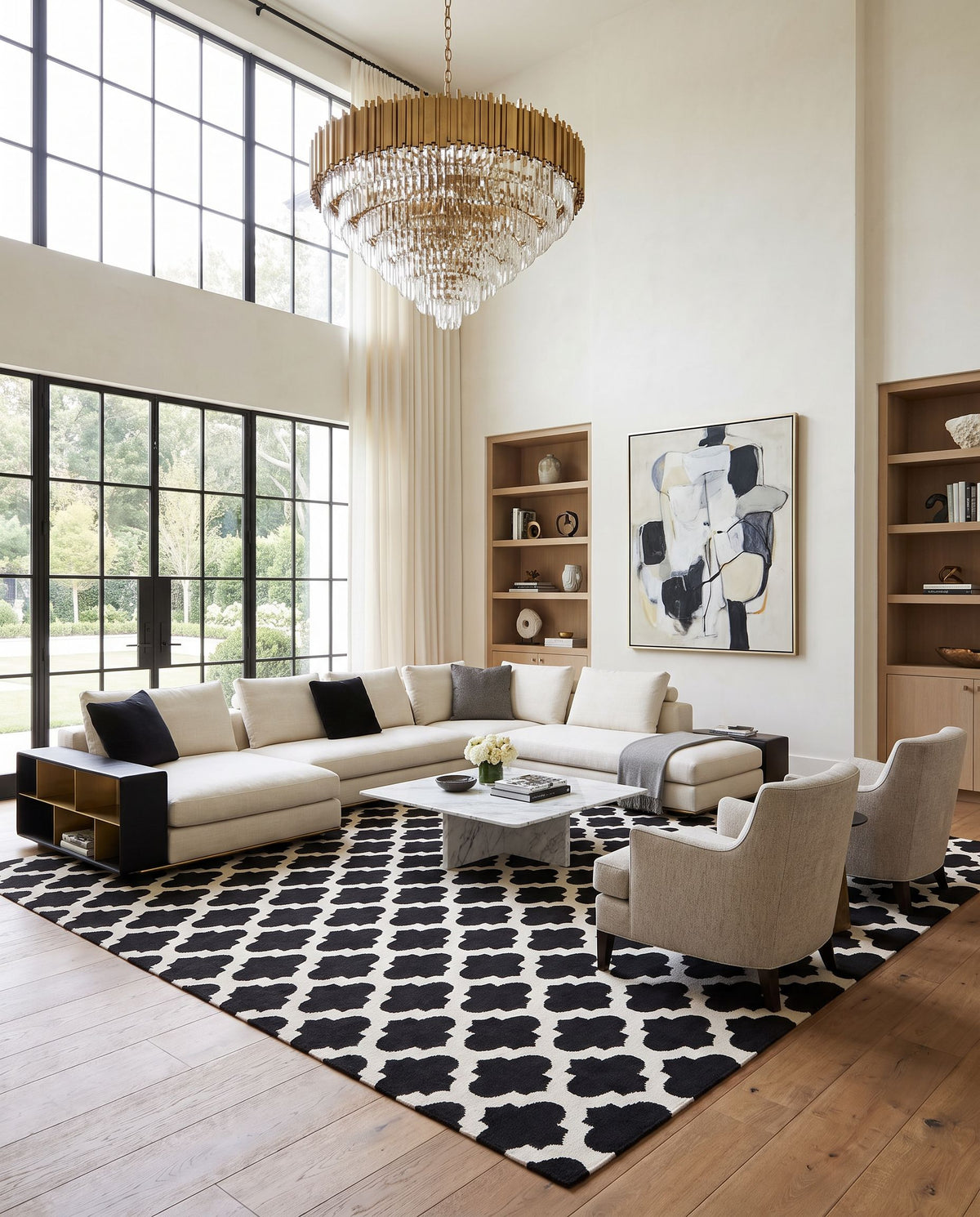 Frontier FT-545 Hand Woven Rug as the centerpiece of a bright luxury living room — a hand woven modern area rug in black and ivory tones