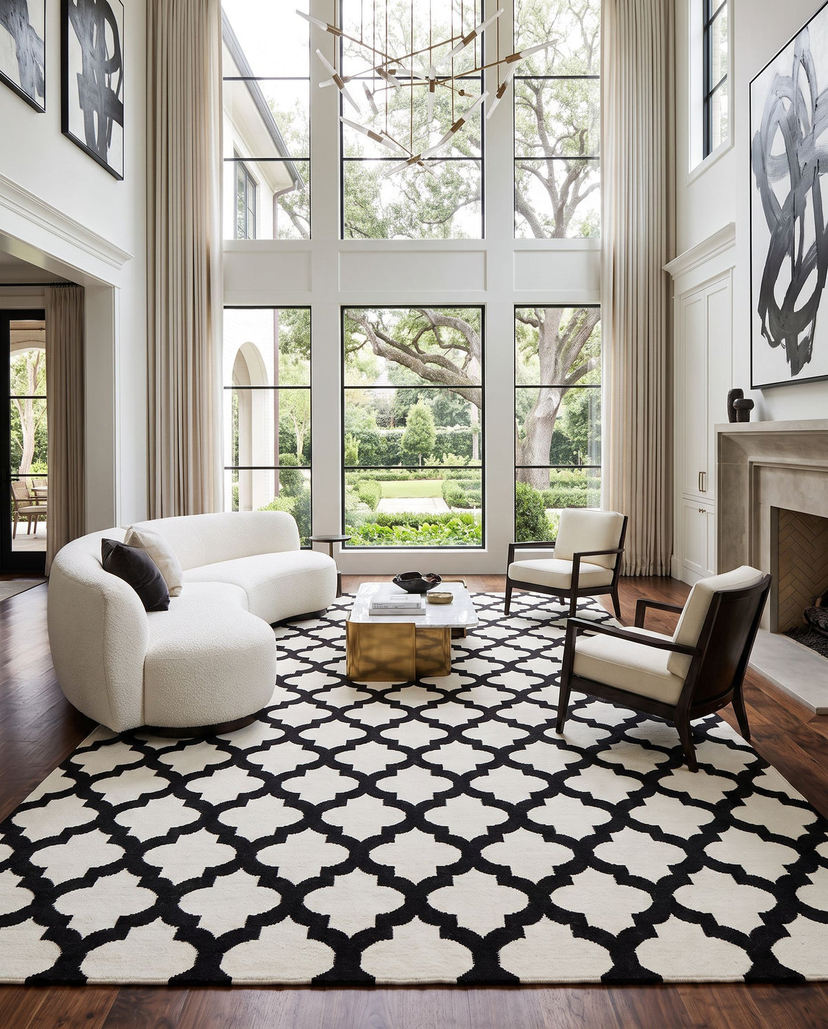 Frontier FT-546 Hand Woven Rug as the centerpiece of a bright luxury living room — a hand woven modern area rug in ivory and black tones