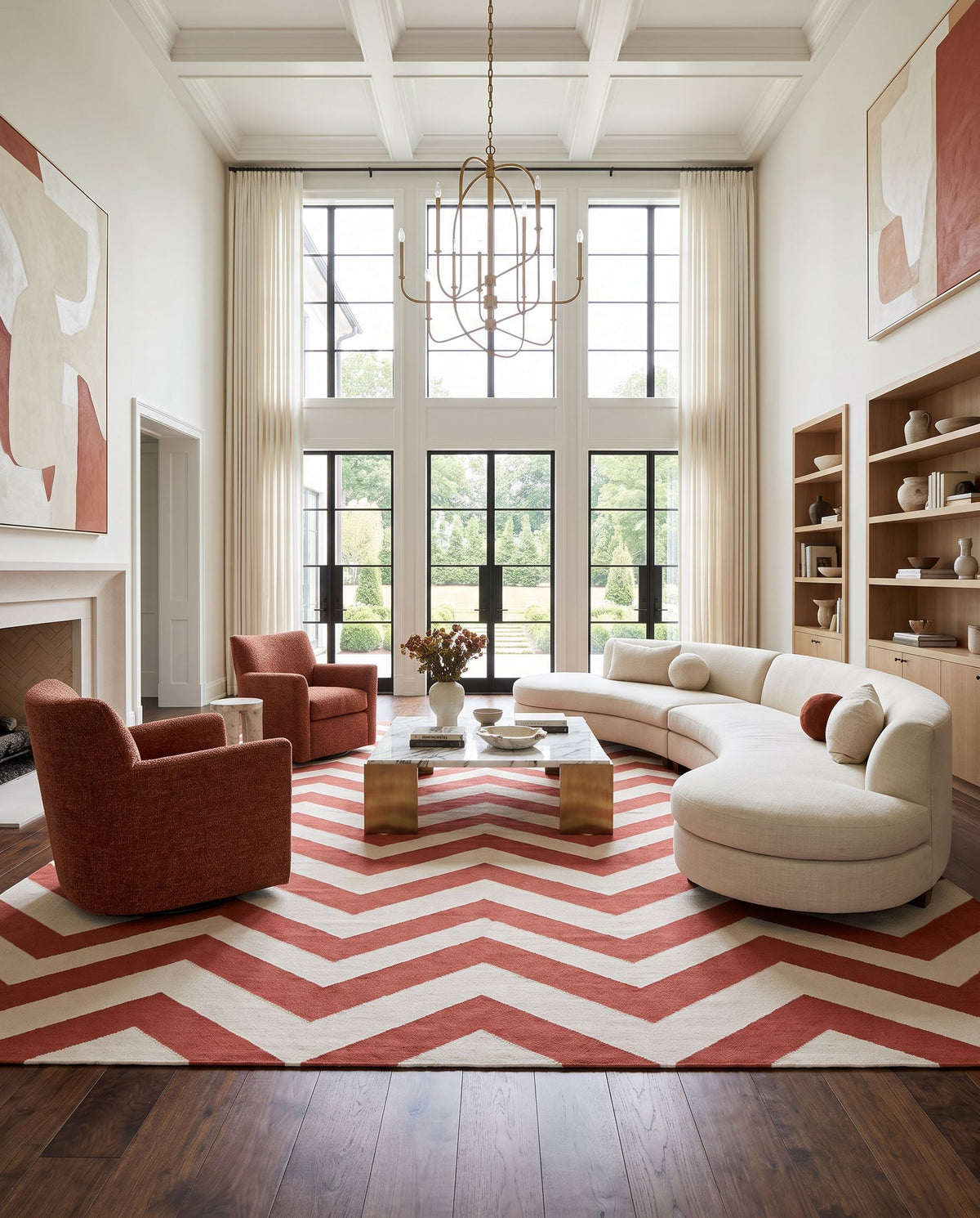 Frontier FT-587 Hand Woven Rug as the centerpiece of a bright luxury living room — a hand woven modern area rug in beige and rose tones