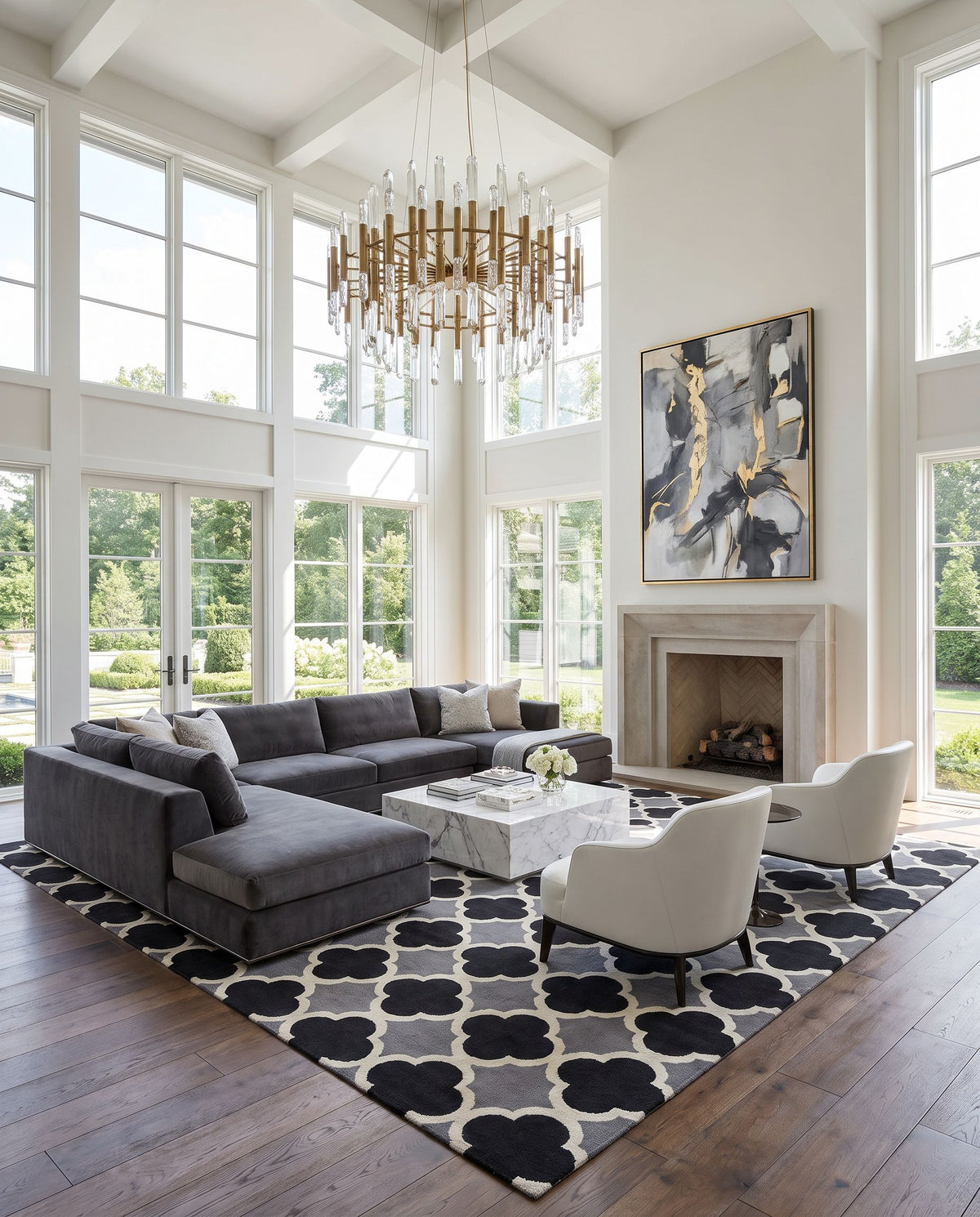 Frontier FT-66 Hand Woven Rug as the centerpiece of a bright luxury living room — a hand woven modern area rug in black, gray and ivory tones