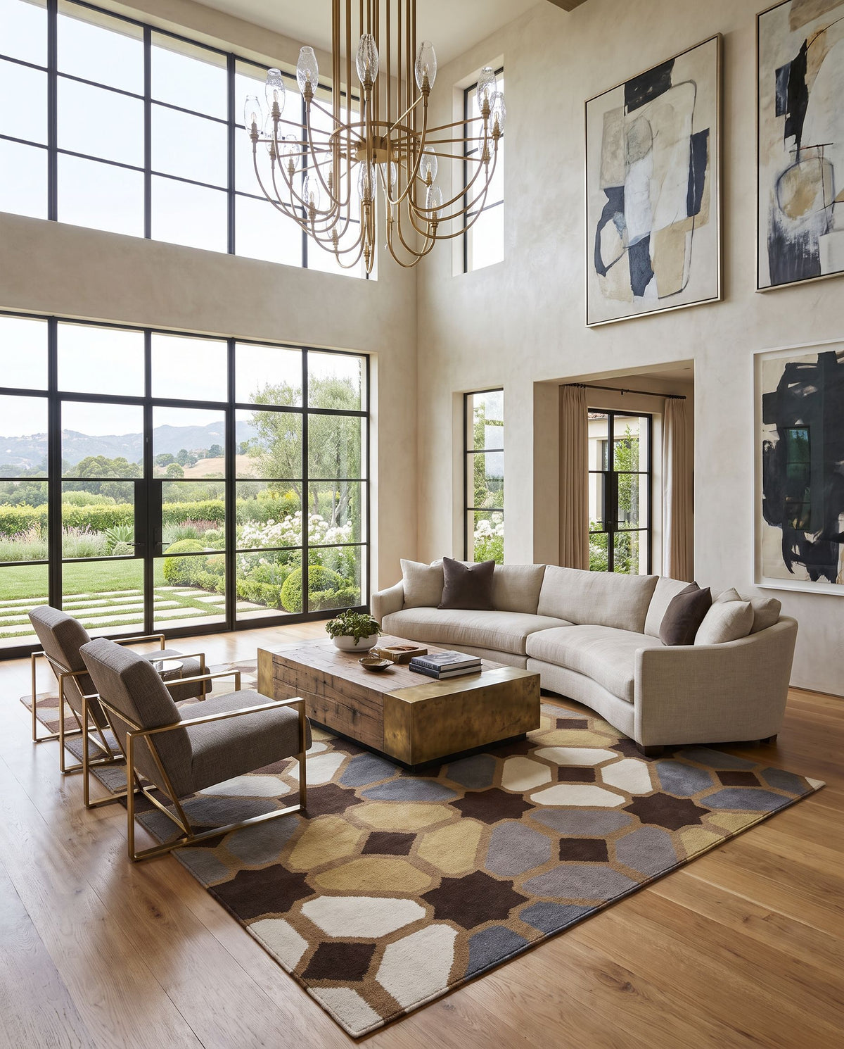 Frontier FT-70 Hand Woven Rug as the centerpiece of a bright luxury living room — a hand woven modern area rug in charcoal, mustard, gray and light beige tones