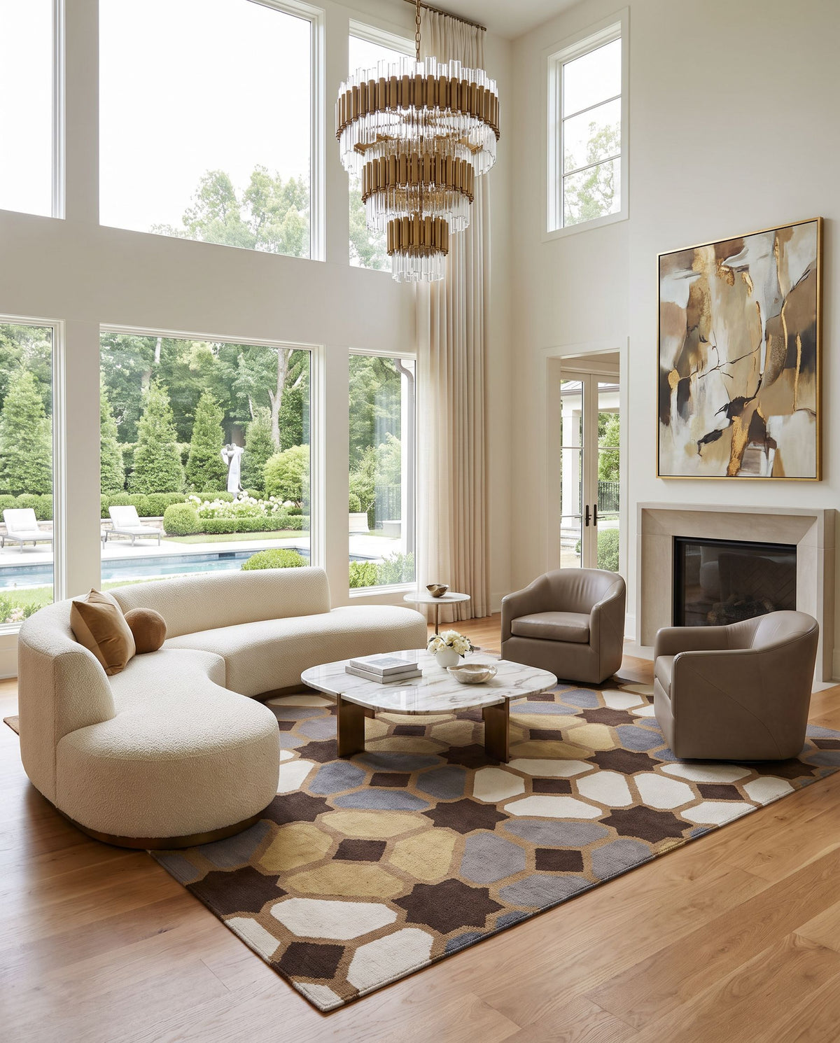 Frontier FT-70 Hand Woven Rug styled in an elegant designer living room — hand woven modern area rug in charcoal, mustard, gray and light beige tones