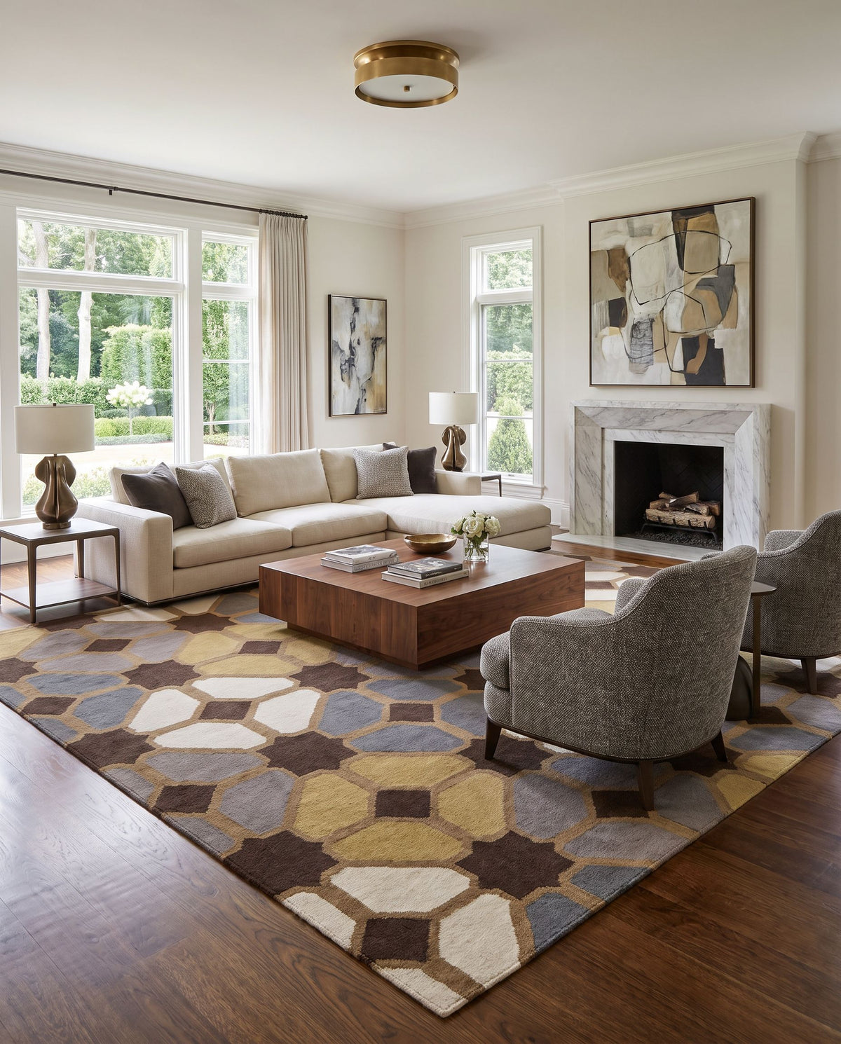Frontier FT-70 Hand Woven Rug styled in an elegant designer living room — hand woven modern area rug in charcoal, mustard, gray and light beige tones
