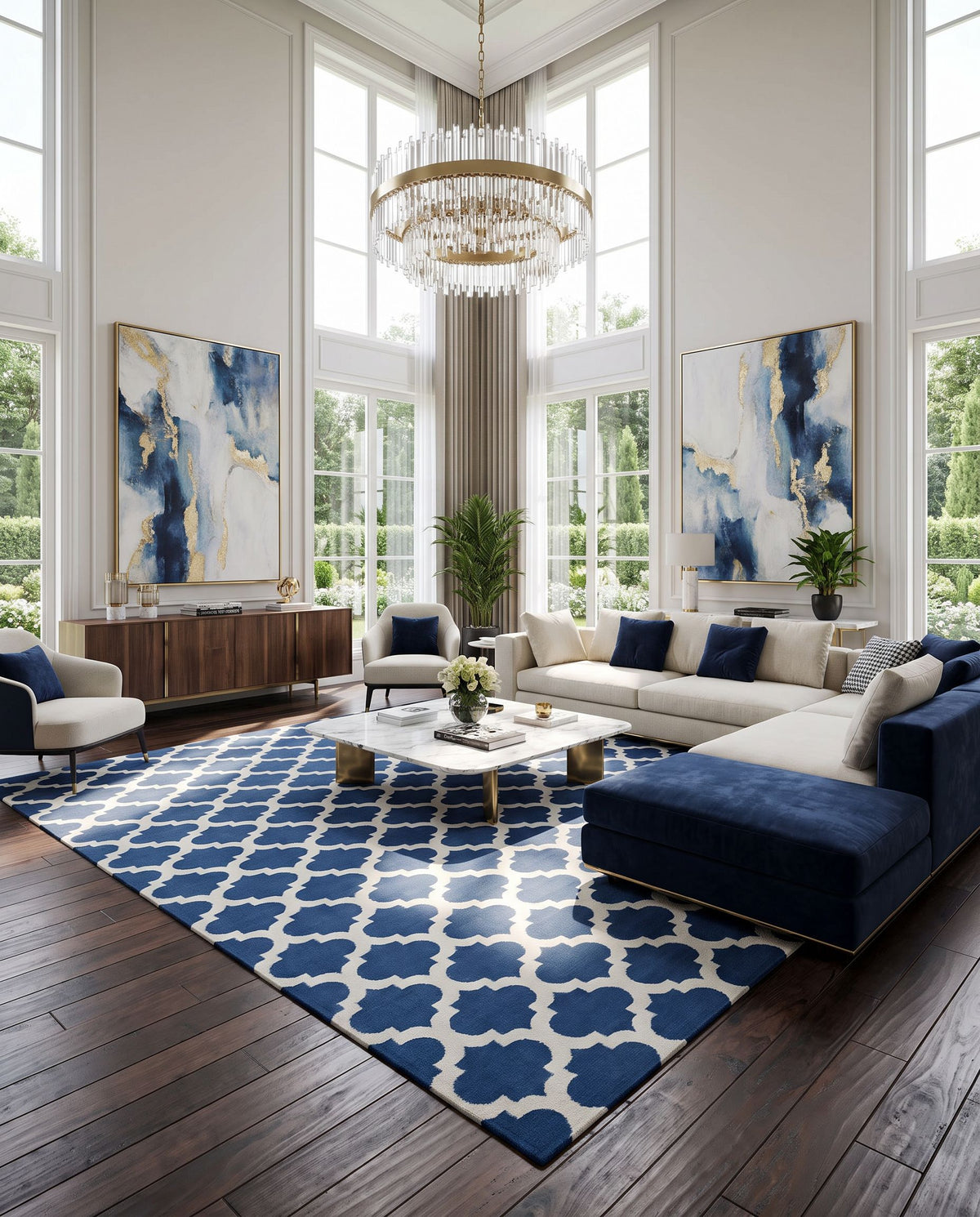 Frontier FT-84 Hand Woven Rug as the centerpiece of a bright luxury living room — a hand woven modern area rug in navy and light beige tones