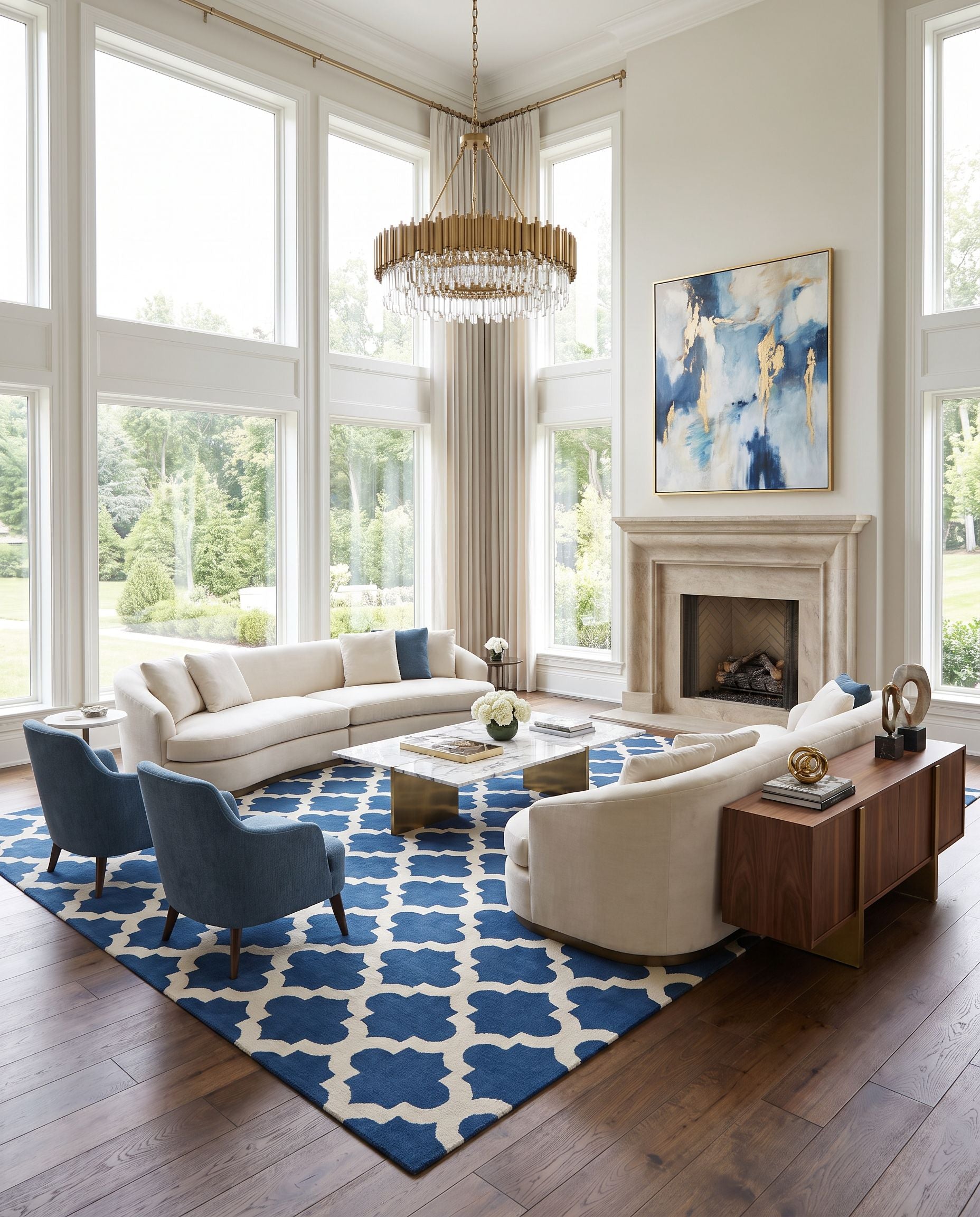 Frontier FT-84 Hand Woven Rug as the centerpiece of a bright luxury living room — a hand woven modern area rug in navy and light beige tones