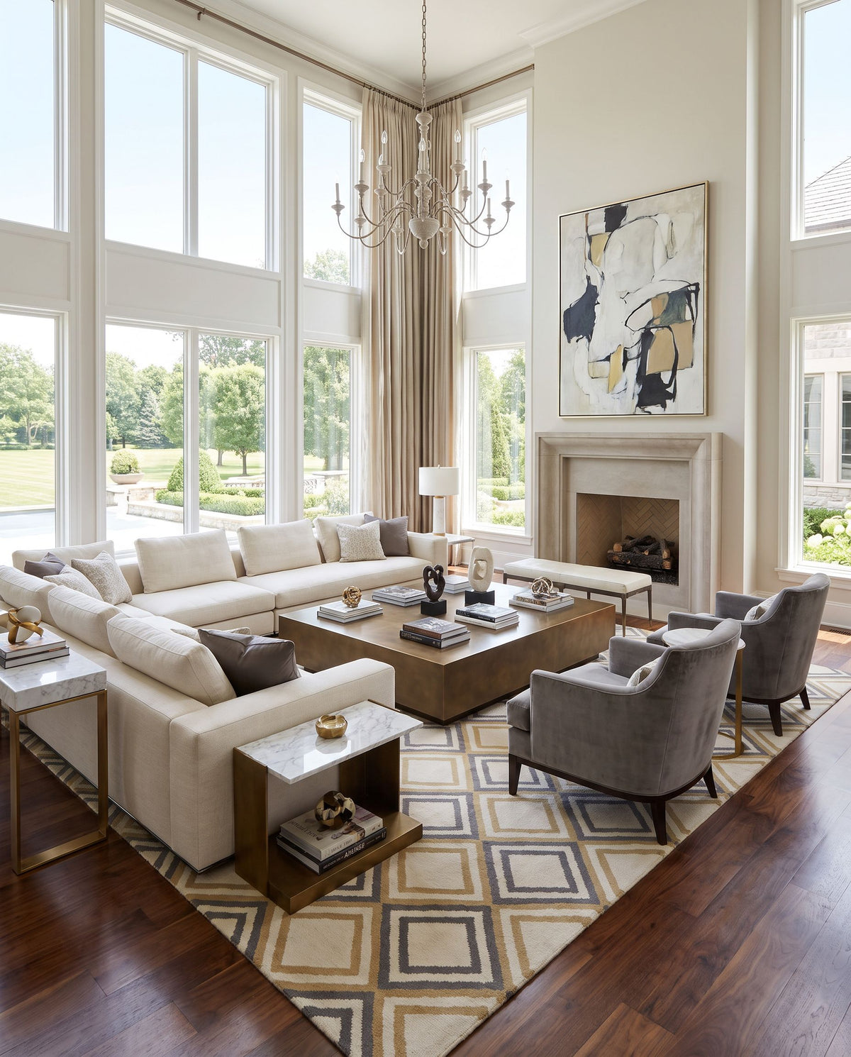 Frontier FT-85 Hand Woven Rug as the centerpiece of a bright luxury living room — a hand woven modern area rug in light beige and charcoal tones
