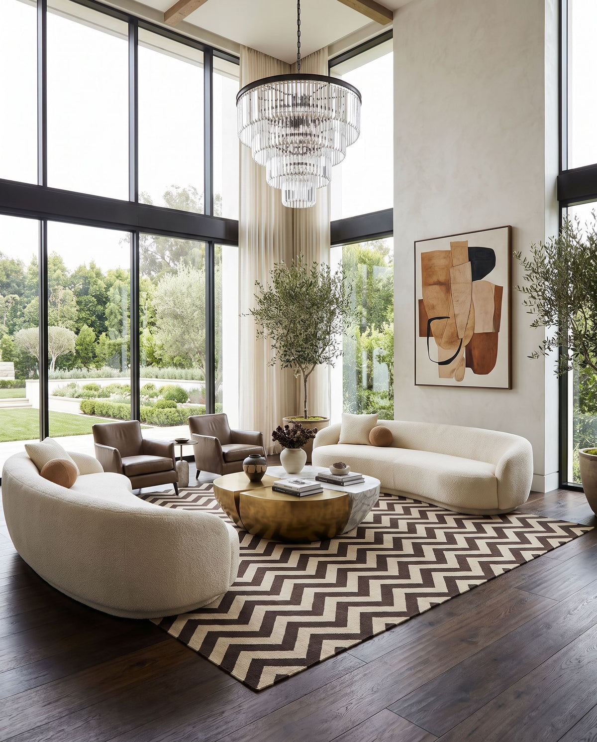 Frontier FT-99 Hand Woven Rug as the centerpiece of a bright luxury living room — a hand woven modern area rug in dark brown and tan tones