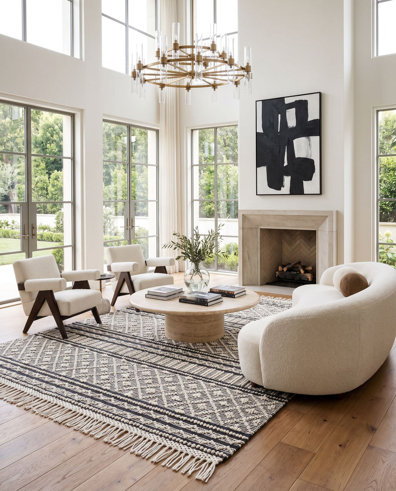 Farmhouse Tassels FTS-2300 Hand Woven Rug as the centerpiece of a bright luxury living room — a hand woven cottage area rug in black and white tones