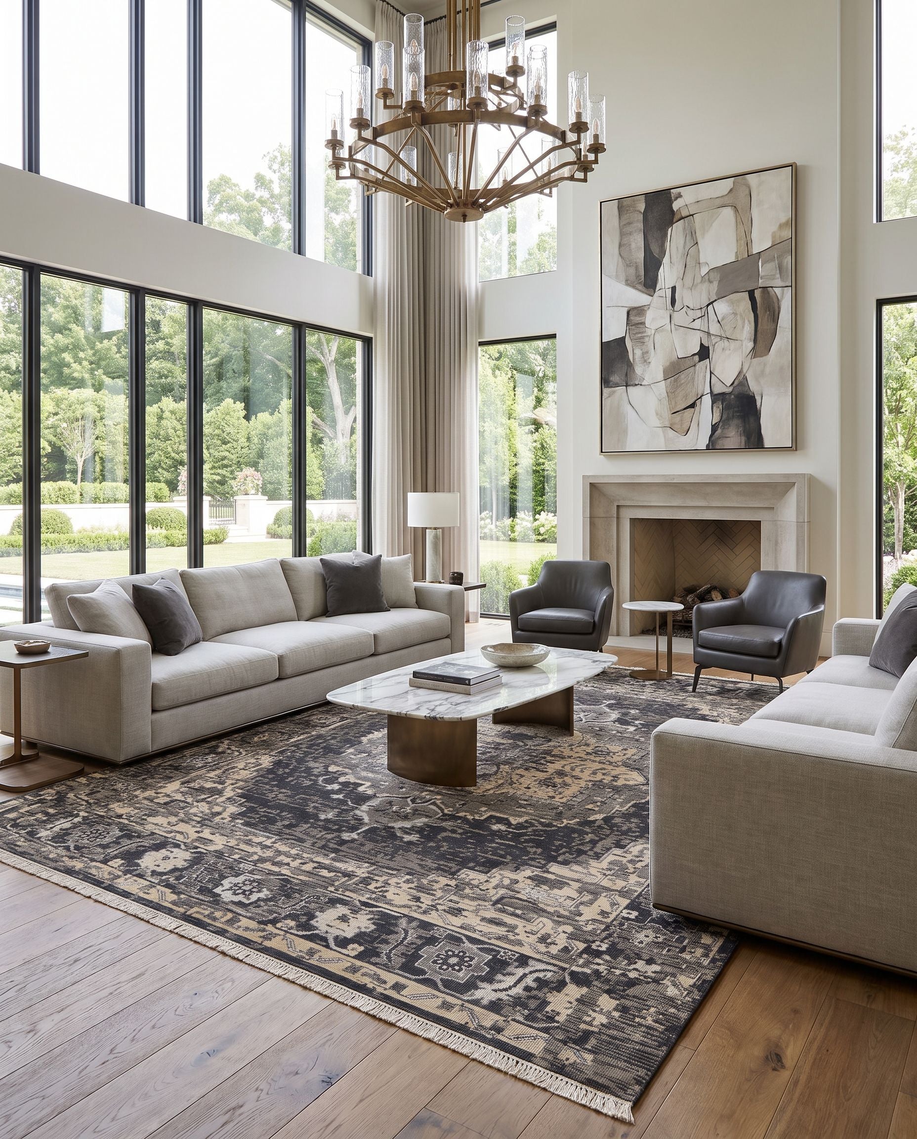 Festival FVL-1009 Hand Knotted Rug as the centerpiece of a bright luxury living room — a hand knotted traditional area rug in black, charcoal, medium gray and taupe tones