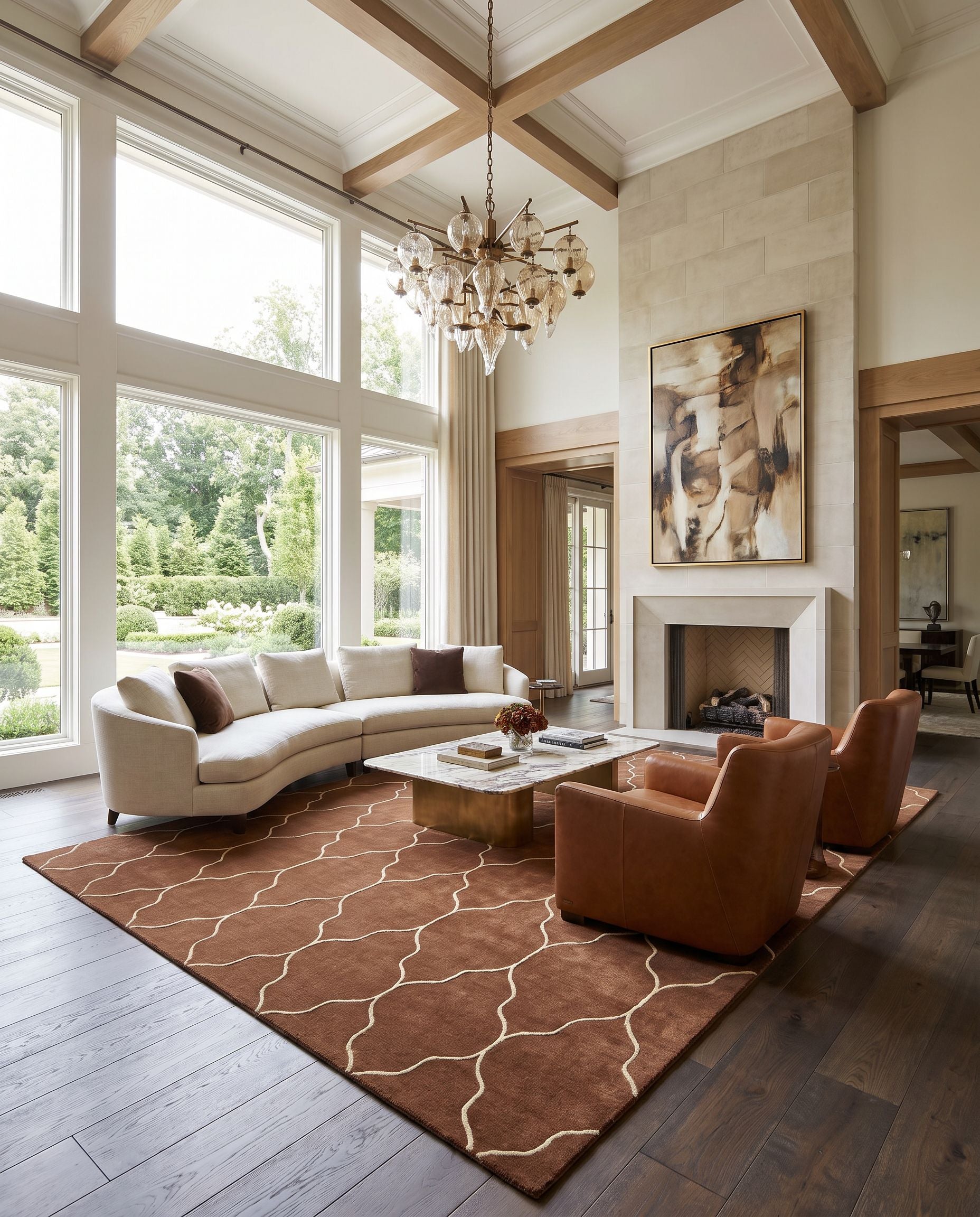 Gates GAT-1006 Hand Knotted Rug as the centerpiece of a bright luxury living room — a hand knotted modern area rug in brown and tan tones